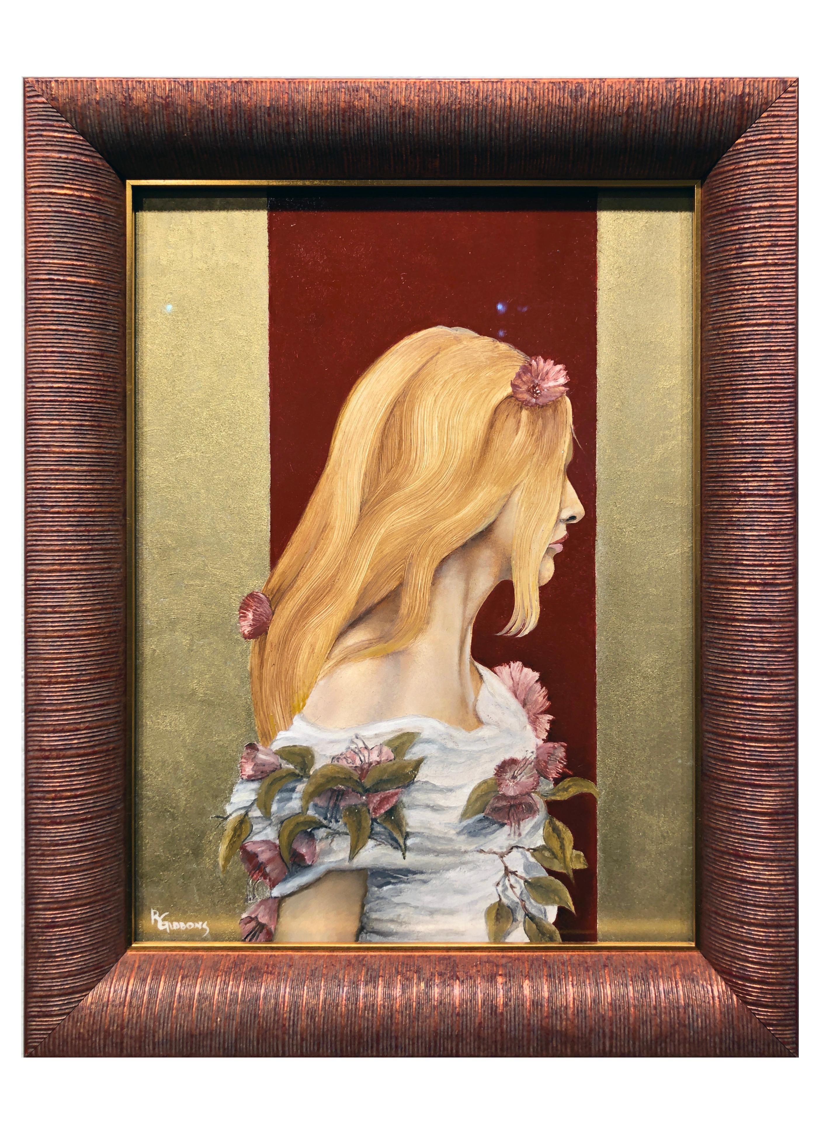 Victoria, Blond Haired Female Dressed in White Tunic with Purple Flowers, Framed - Painting by Richard Gibbons