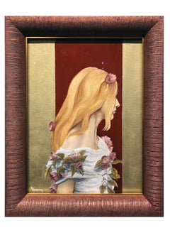 Victoria, Mujer de pelo rubio vestida con túnica blanca y flores moradas, Enmarcada