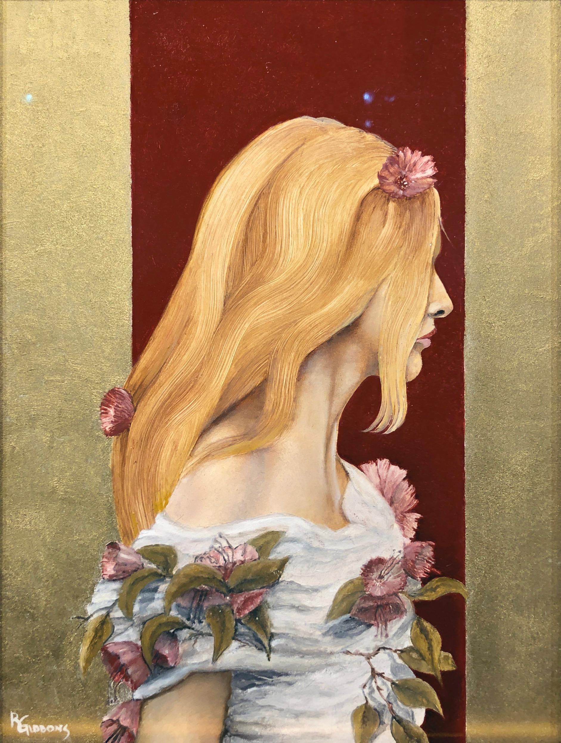Victoria, Mujer de pelo rubio vestida con túnica blanca y flores moradas, Enmarcada - Painting Contemporáneo de Richard Gibbons