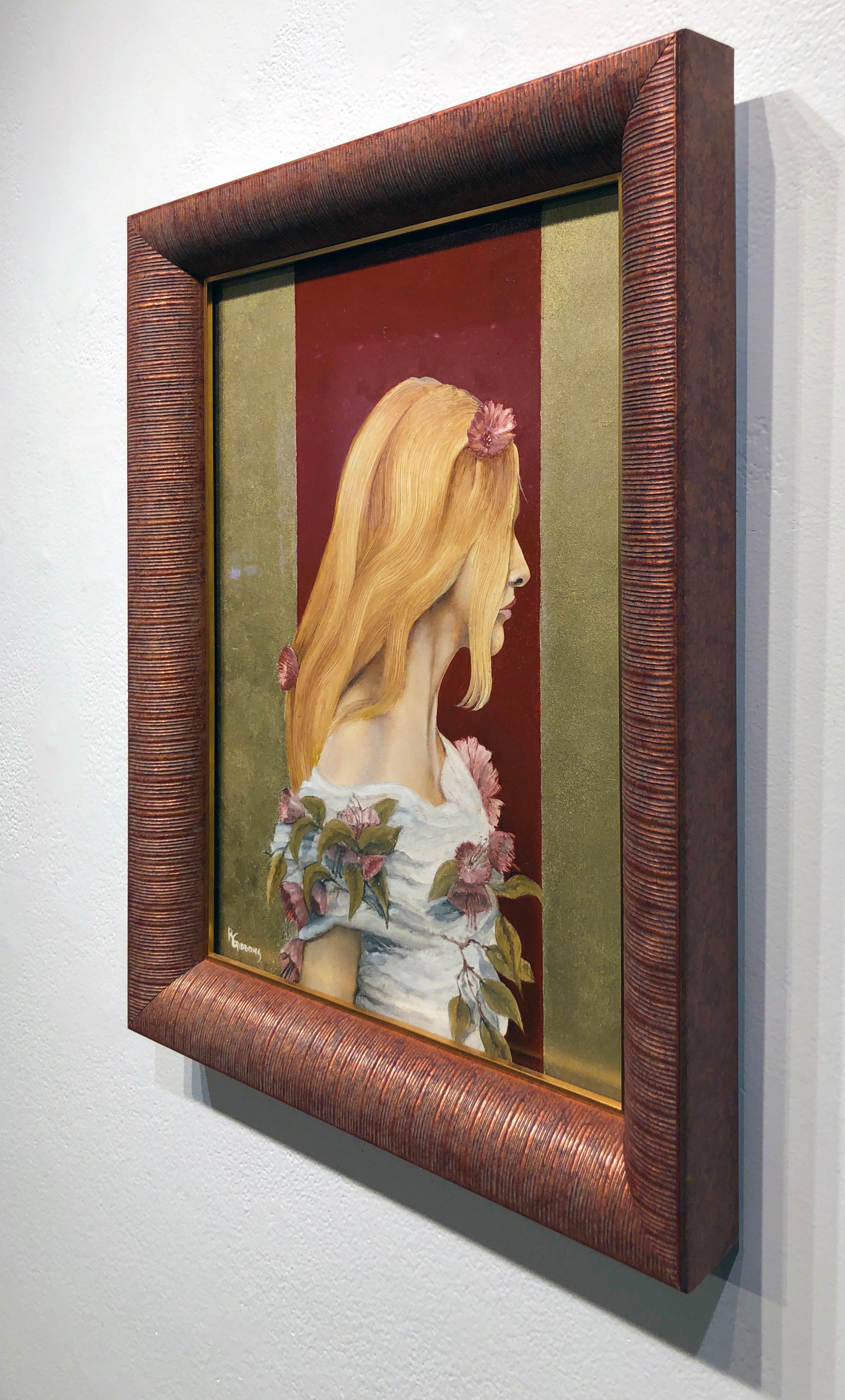 Victoria Victoria, Blondhaarige weibliche Kleidung in weißer Tunika mit lila Blumen, gerahmt (Braun), Figurative Painting, von Richard Gibbons