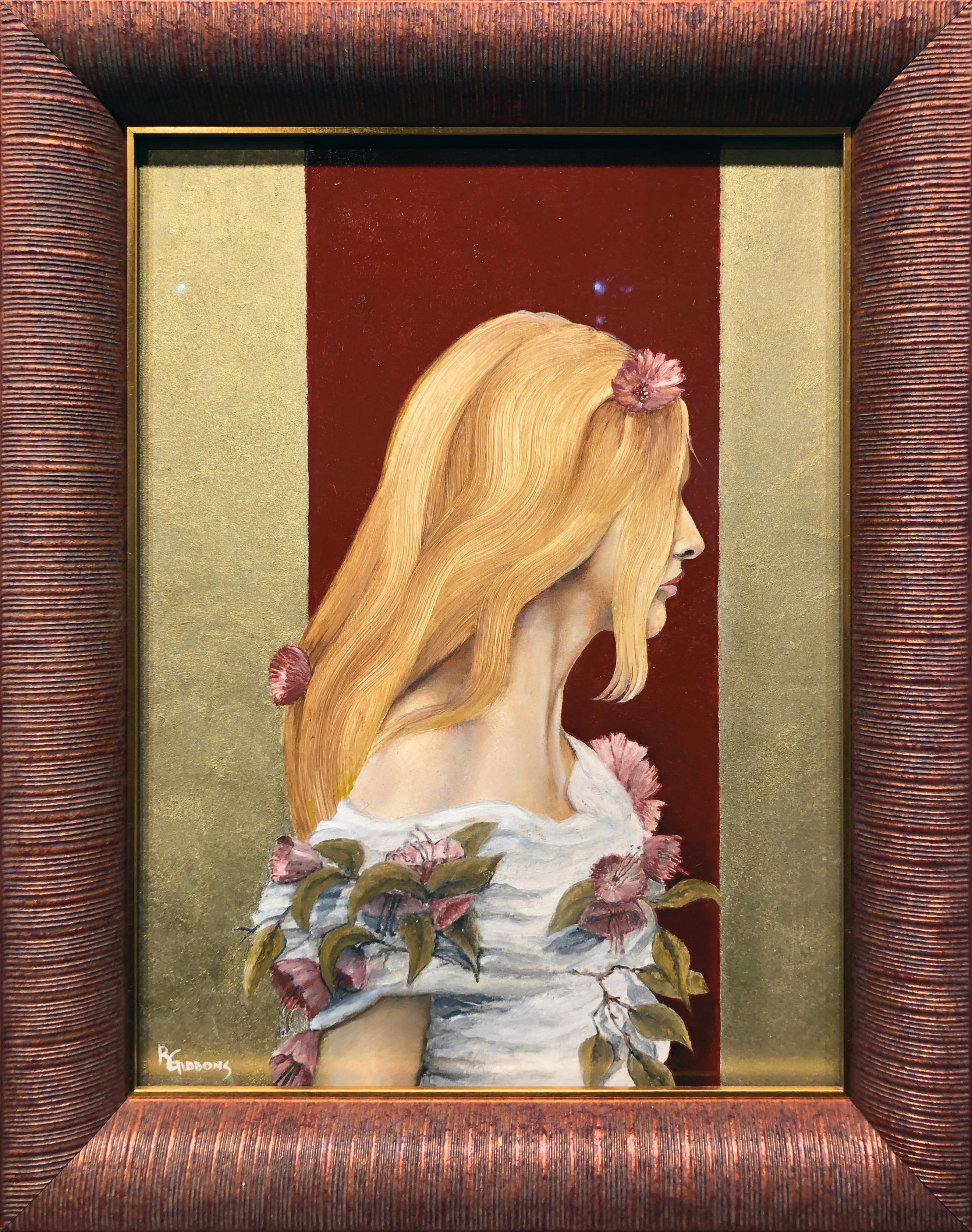 Richard Gibbons Figurative Painting - Victoria, Blond Haired Female Dressed in White Tunic with Purple Flowers, Framed