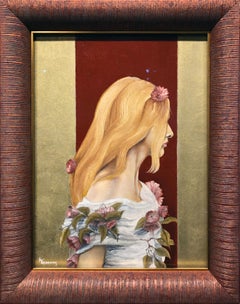 Used Victoria, Blond Haired Female Dressed in White Tunic with Purple Flowers, Framed