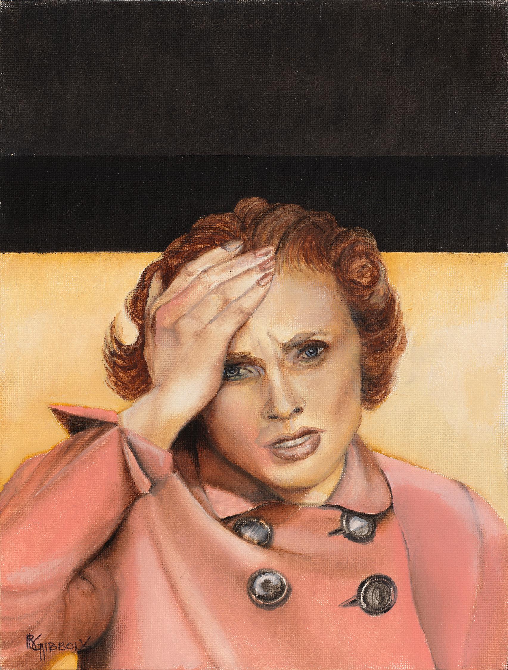 Richard Gibbons Figurative Painting - WAIT! - Portrait of a Woman, Hand on Head in Shock, Original Oil Painting
