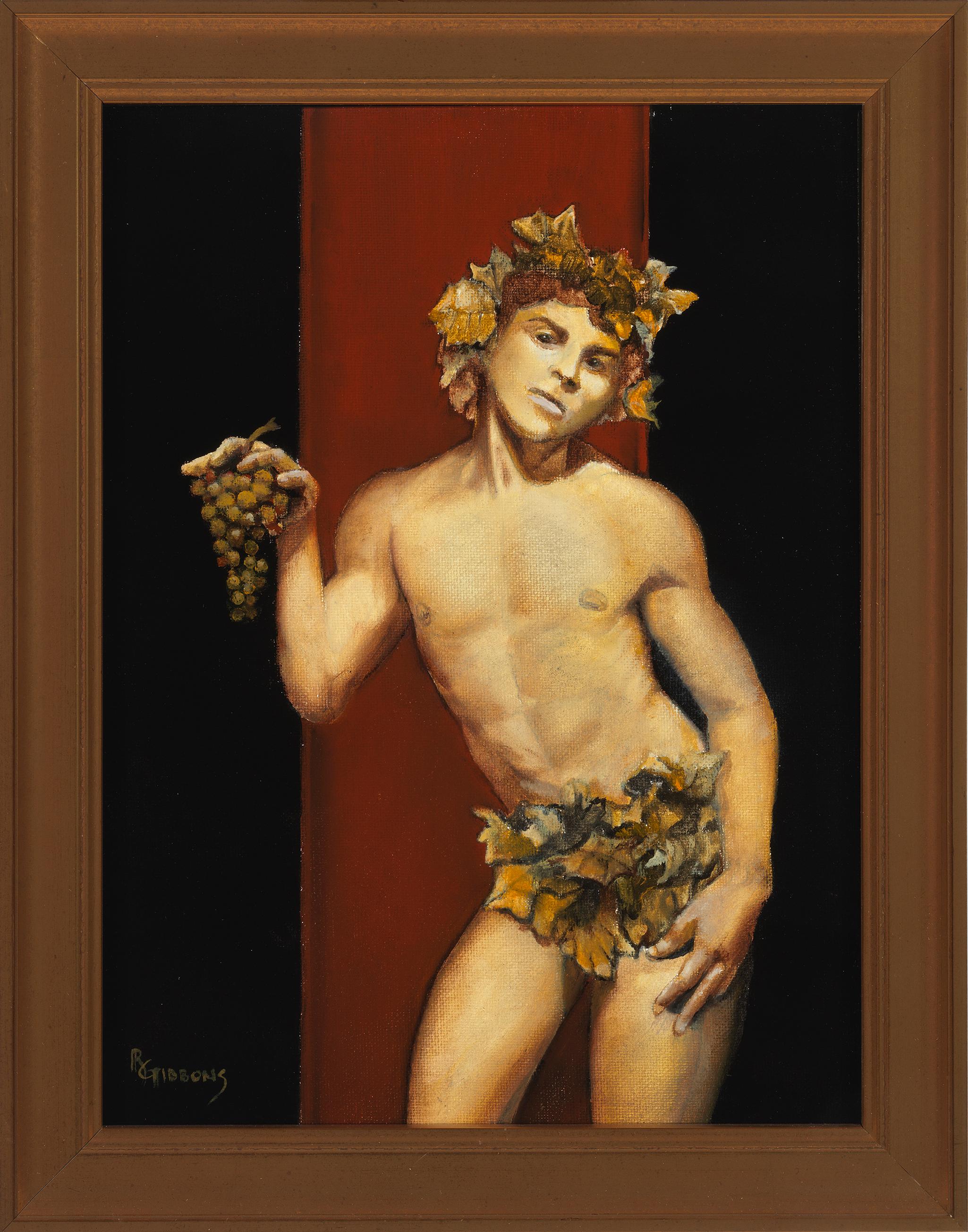 Young Bacchus - Partially Nude Male on Burgundy and Black Background - Painting by Richard Gibbons