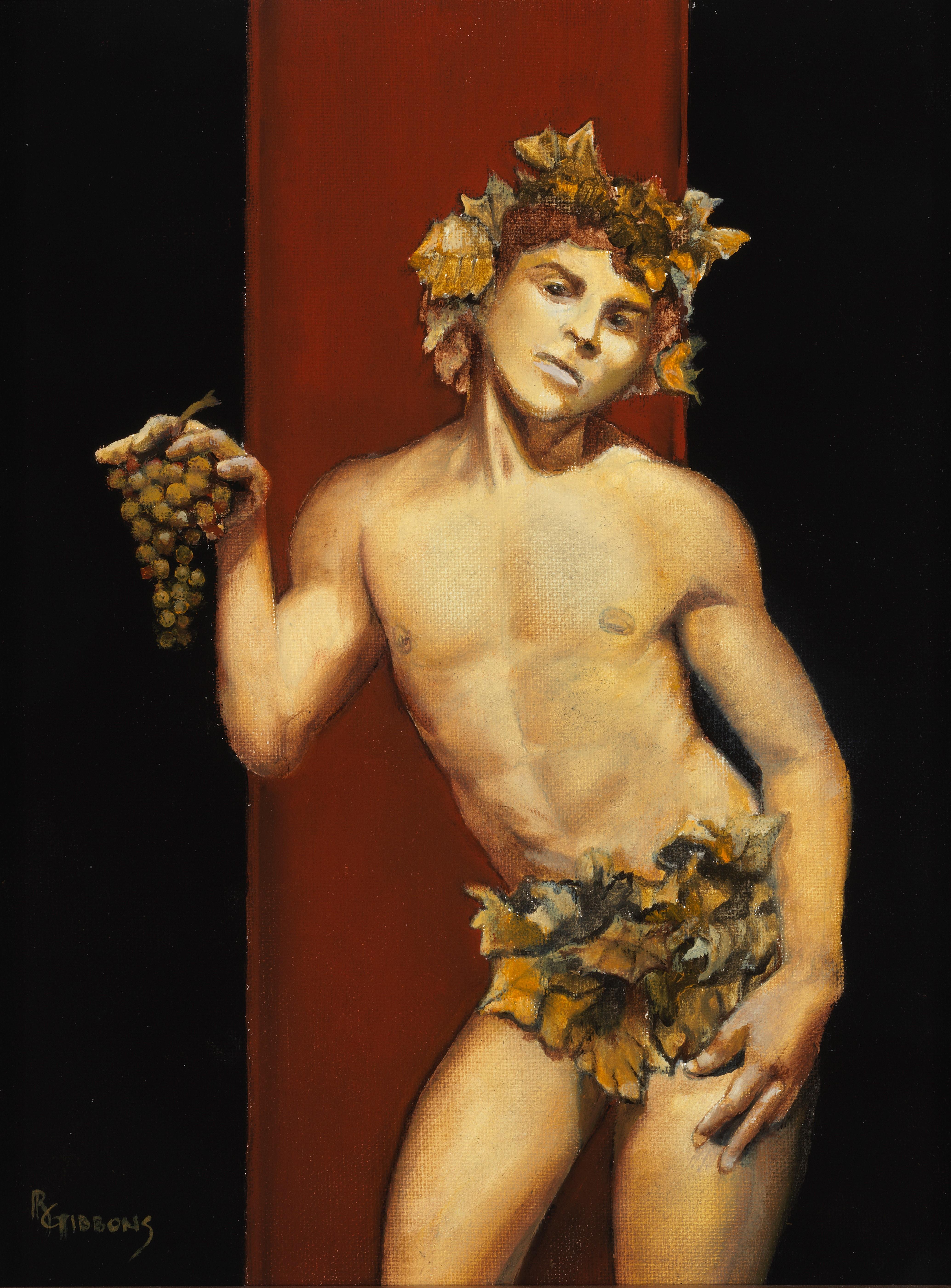 Richard Gibbons Nude Painting - Young Bacchus - Partially Nude Male on Burgundy and Black Background