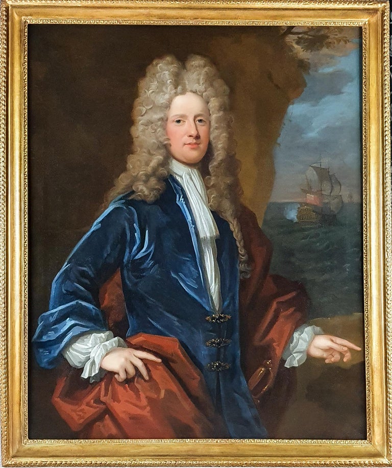 Thomas Gibson Portrait Painting - Portrait of Captain James Moneypenny (1670-1721) Antique oil on canvas painting