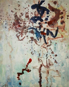 "Landscape #2", abstract, painterly monoprint, red, blue, violet, umber.