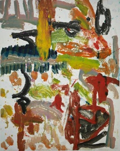 "Landscape Four", gestural abstract painterly monotype red, green, blue, yellow.