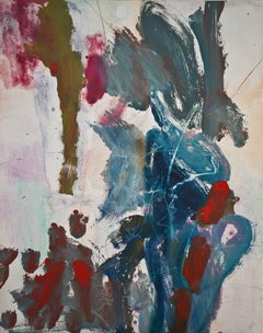 "Landscape Nine", gestural, abstract, monoprint, red, violet, blue, ochre.