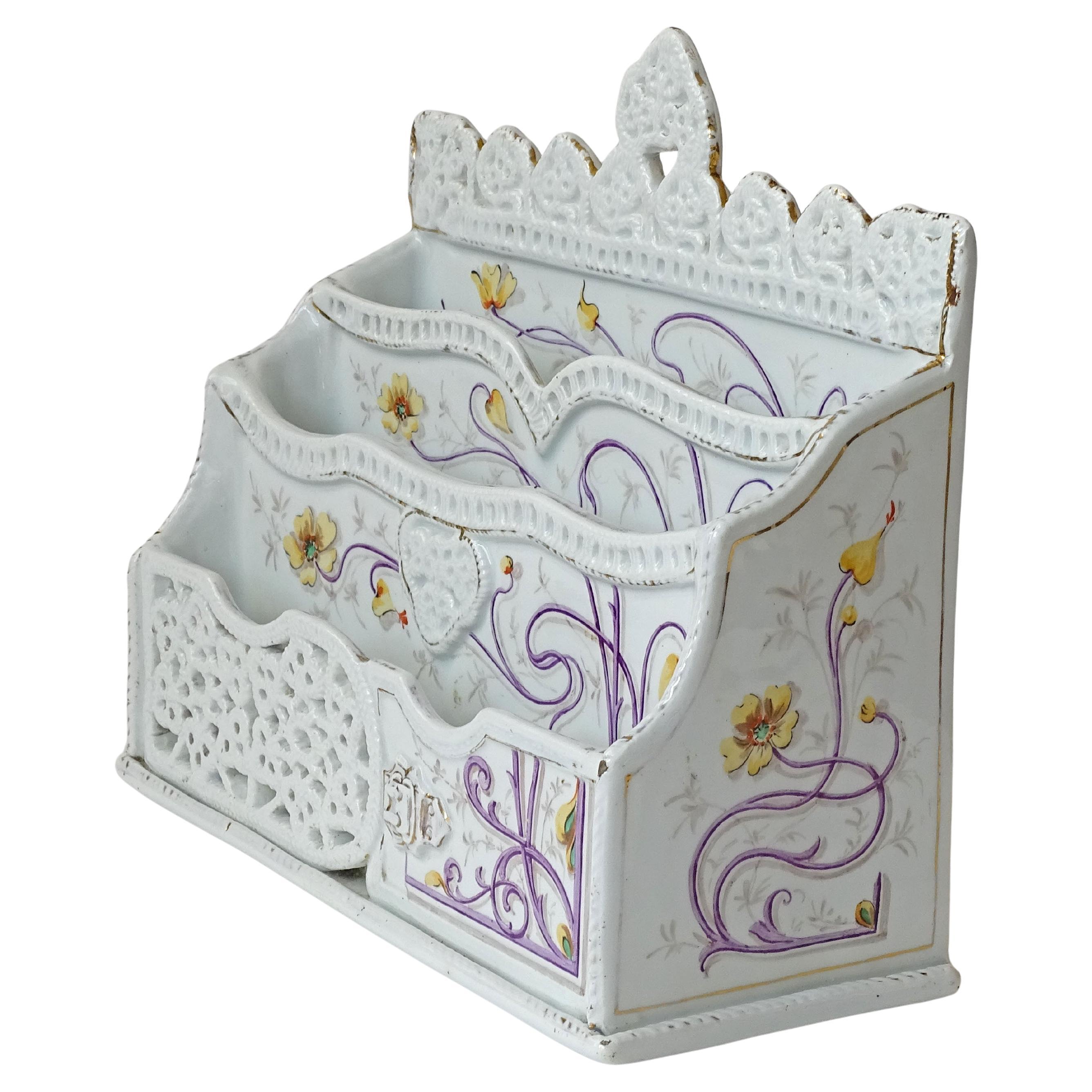 Richard Ginori Art Nouveau Floral Ceramic Letter Holder, Italy 1910 For Sale