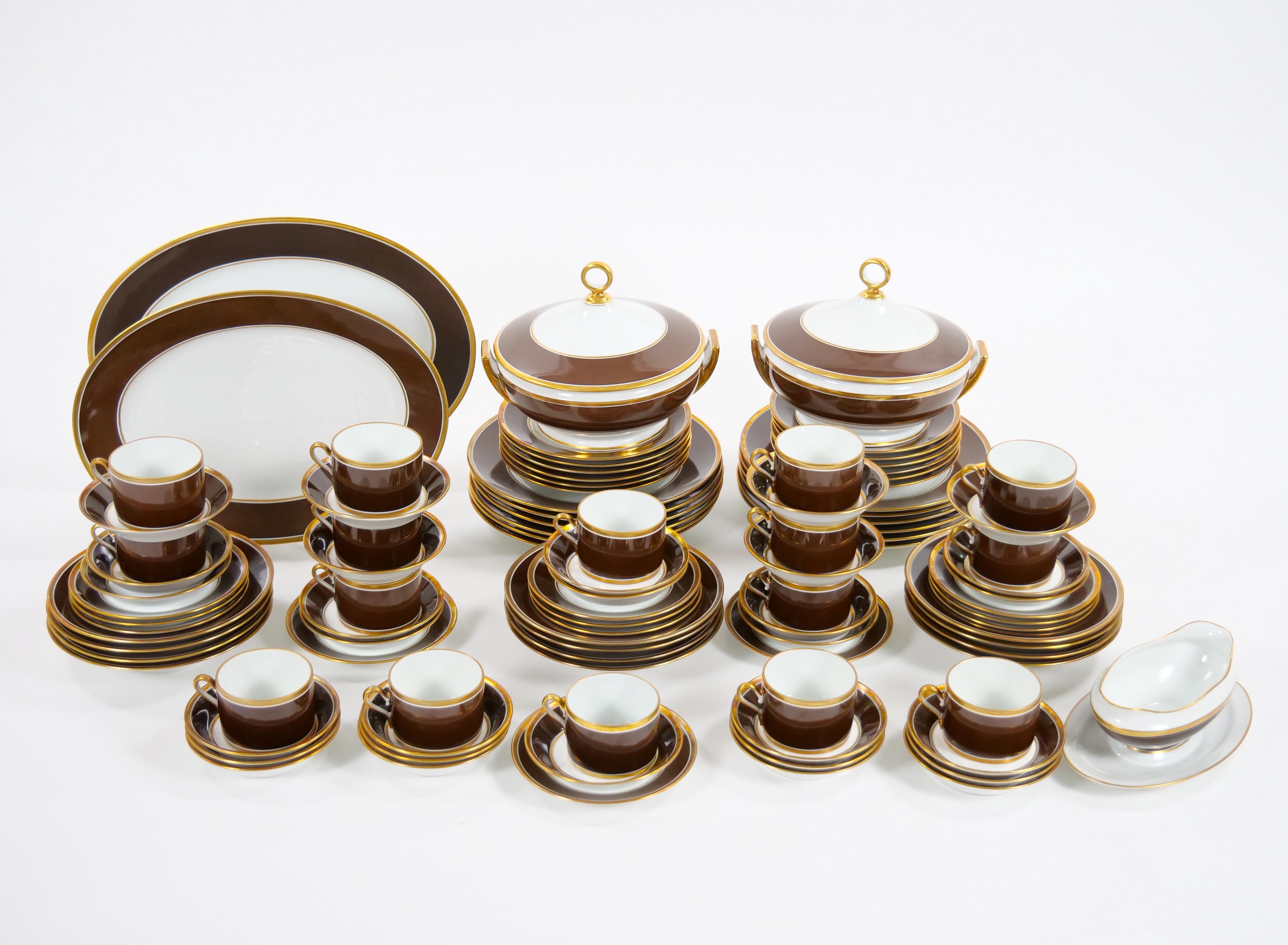 Mid-Century Modern Richard Ginori Brown & Gold Trimmed Extensive Dinnerware Service Of 99 Pieces For Sale