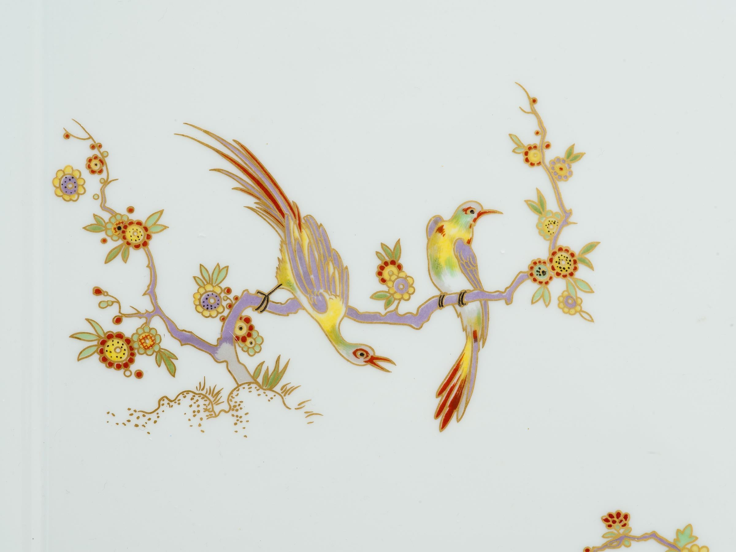 Richard Ginori porcelain serving tray with birds in tress and floral motifs, and gilt decorated handles. Signed on bottom. Italy, circa 1960s.