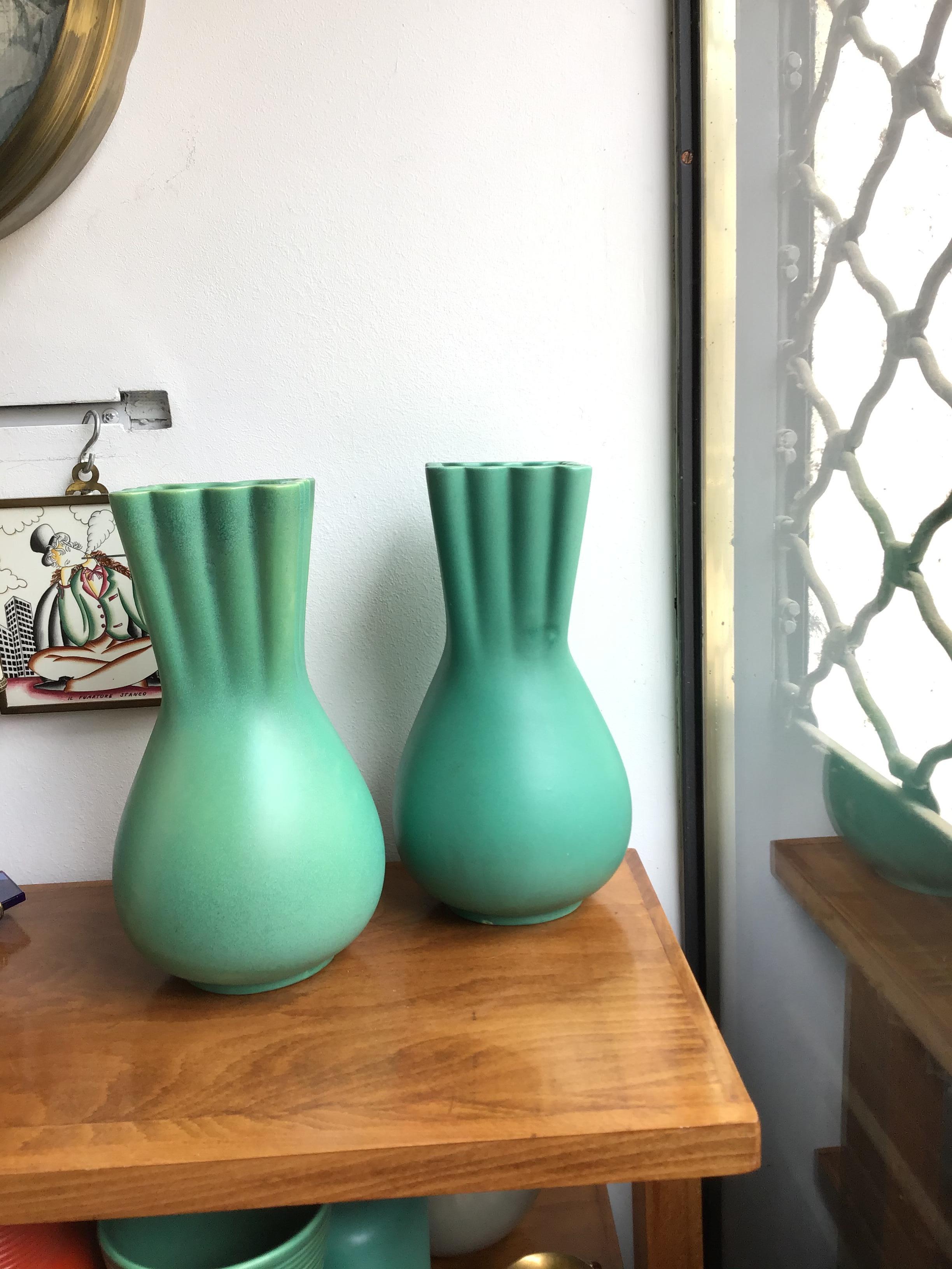 Italian Richard Ginori Giovanni Gariboldi Green Vase Ceramic, 1950, Italy For Sale