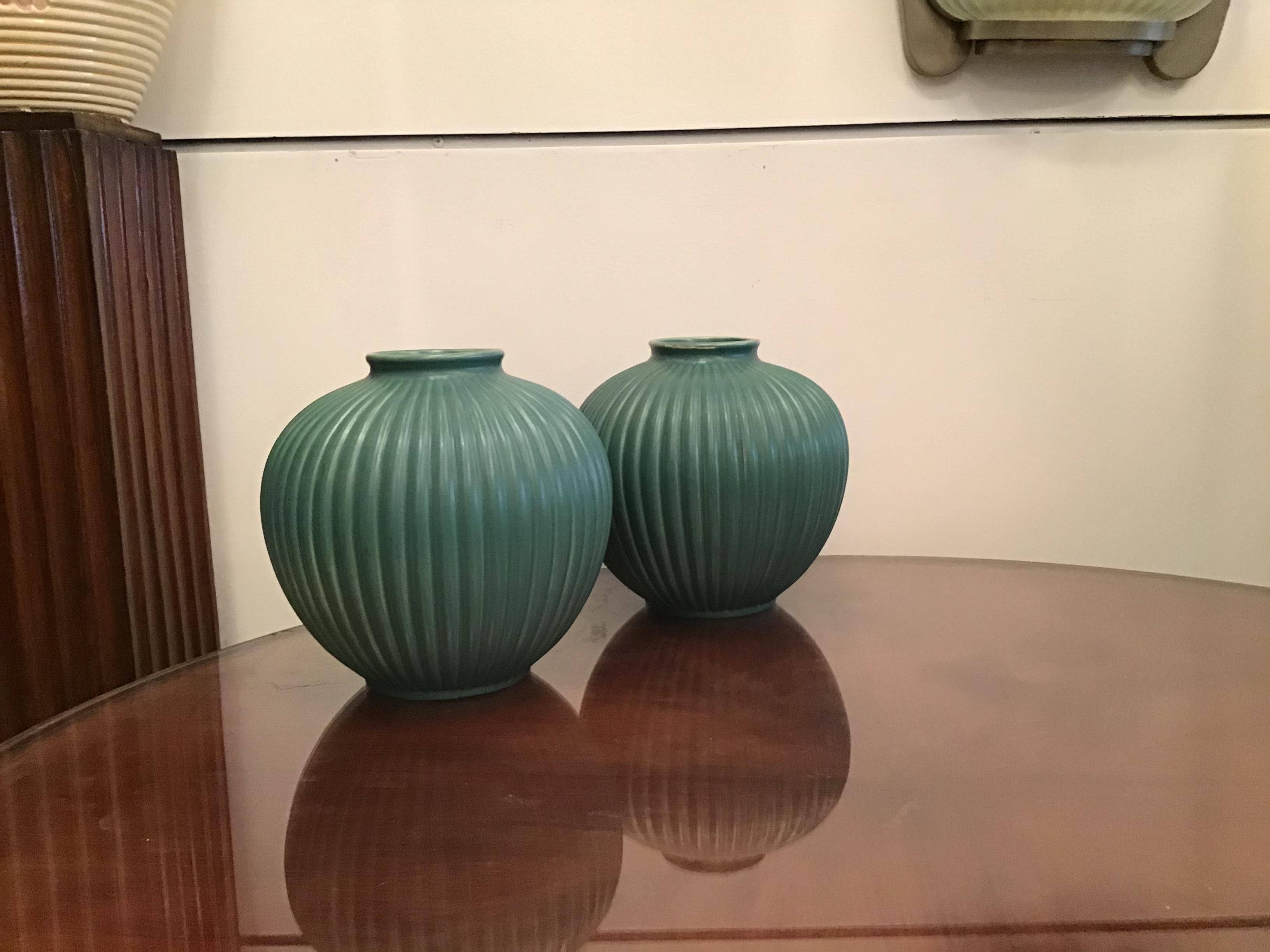 Richard Ginori Giovanni Gariboldi Couple Vase Green Ceramic 1950 Italy 4