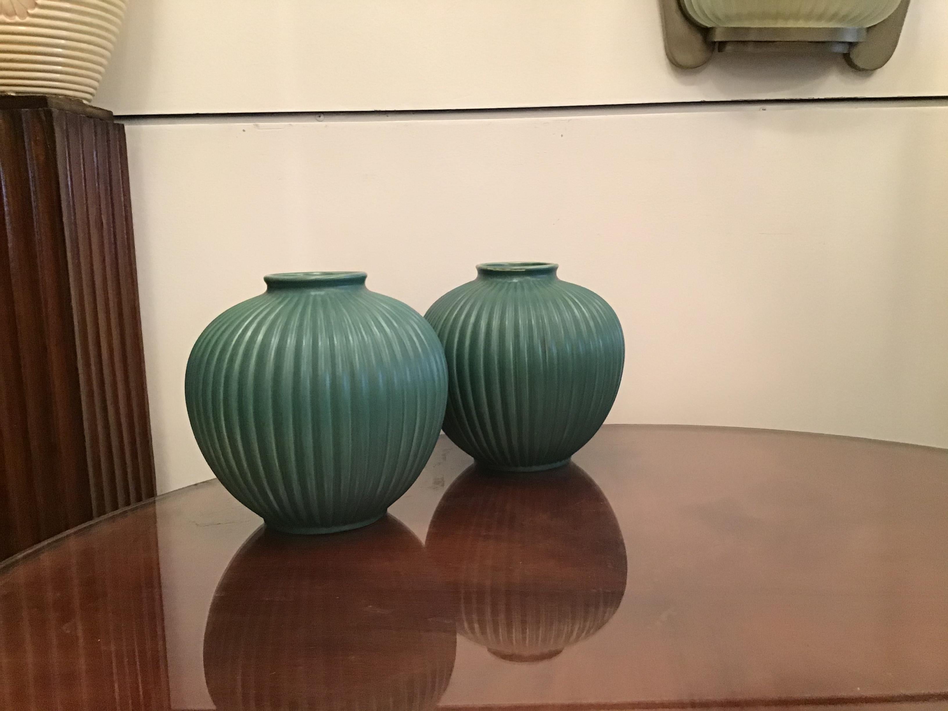 Richard Ginori Giovanni Gariboldi Couple Vase Green Ceramic 1950 Italy 5
