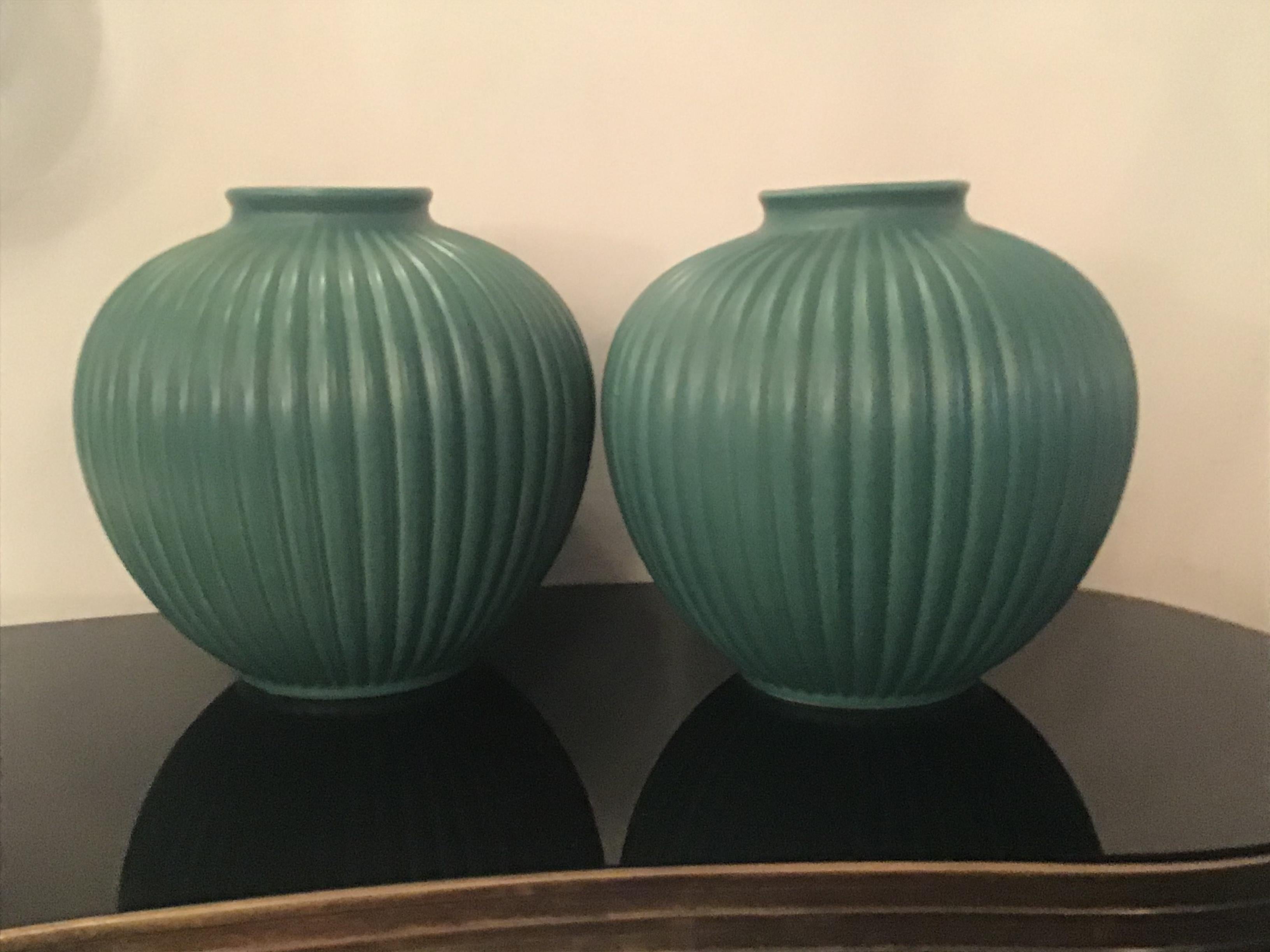 Richard Ginori Giovanni Gariboldi Pair of Vases Green Ceramic 1950 Italy For Sale 7