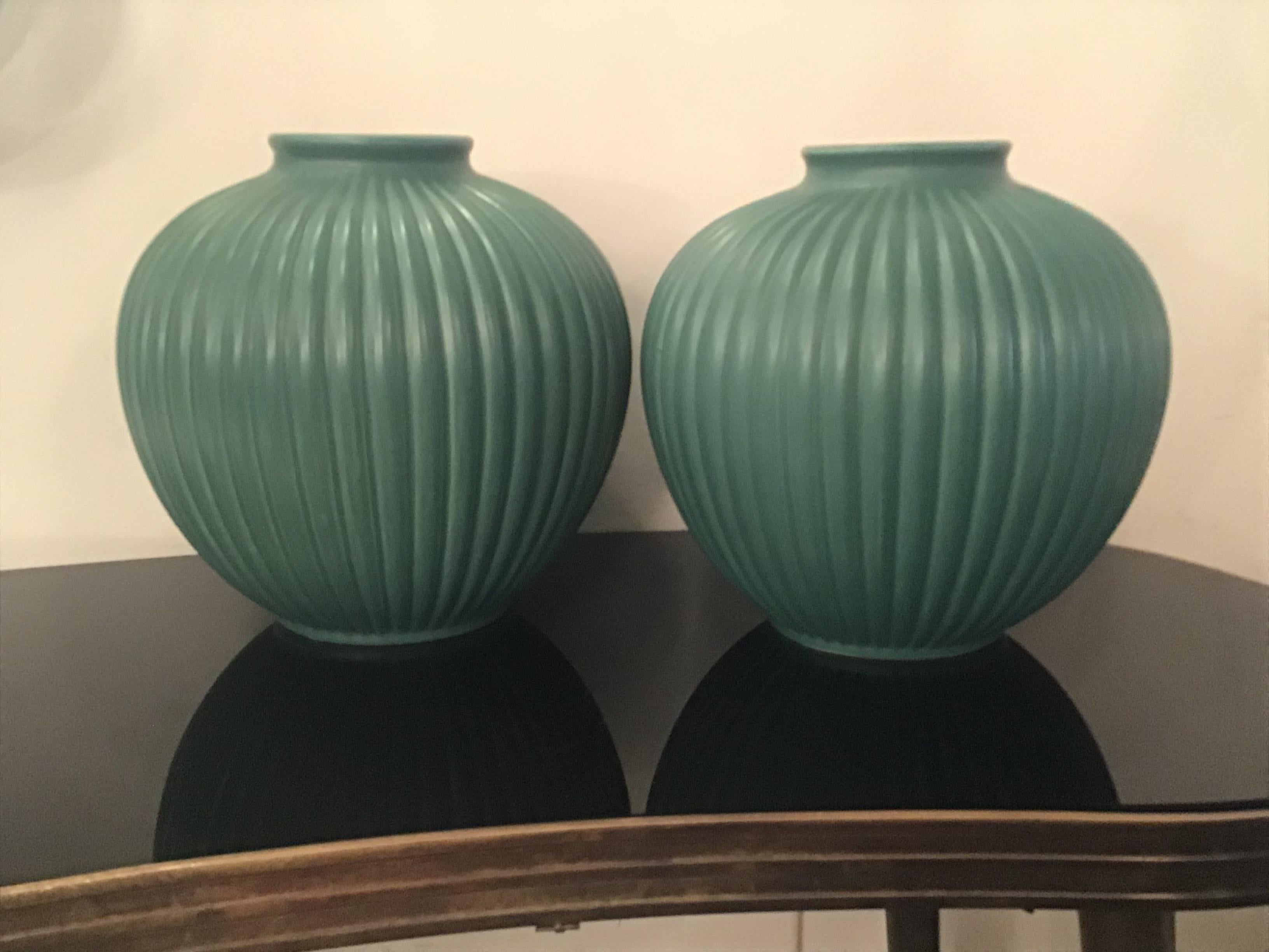 Richard Ginori Giovanni Gariboldi Pair of Vases Green Ceramic 1950 Italy For Sale 8