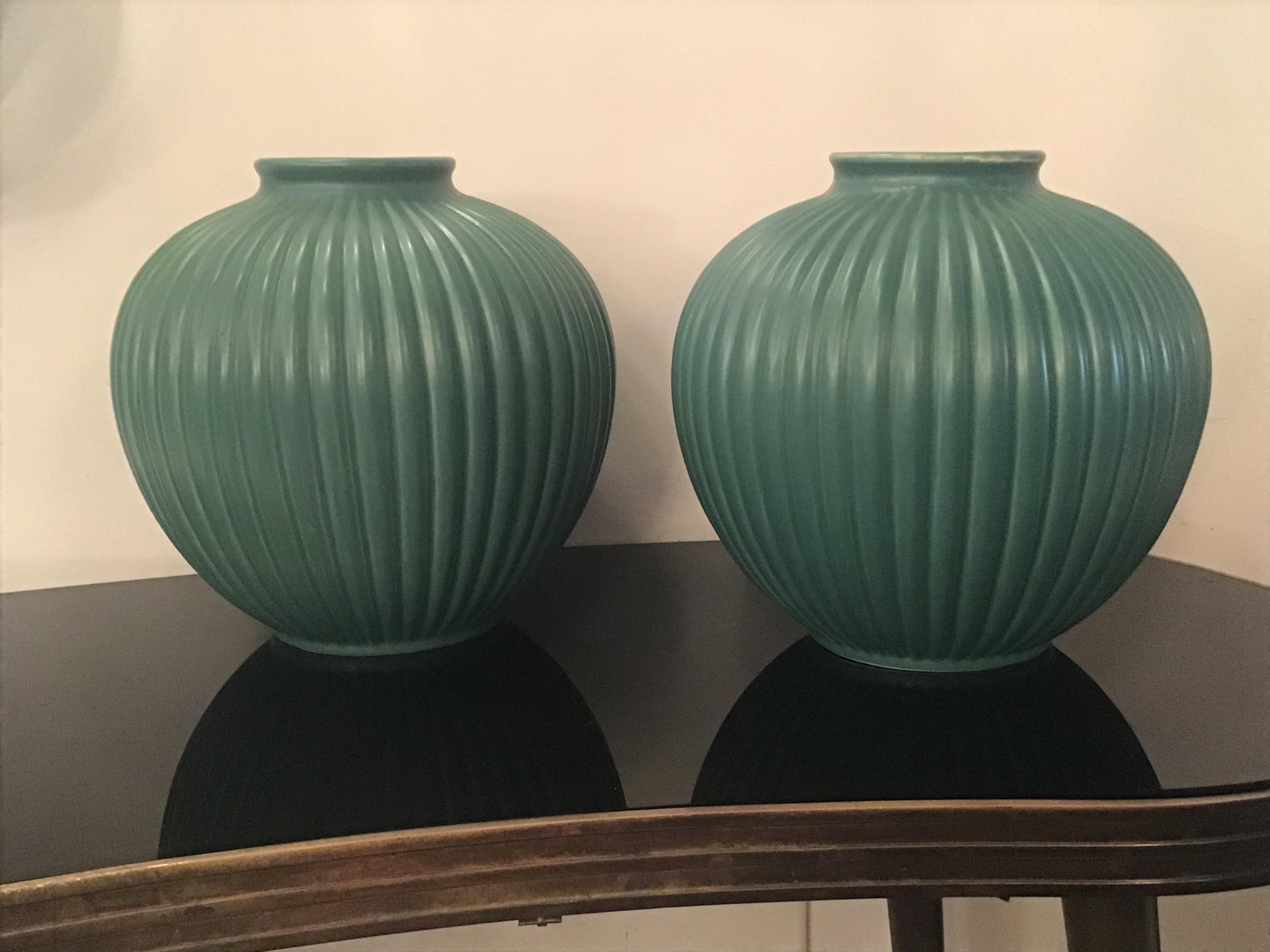 Richard Ginori Giovanni Gariboldi Pair of Vases Green Ceramic 1950 Italy For Sale 11