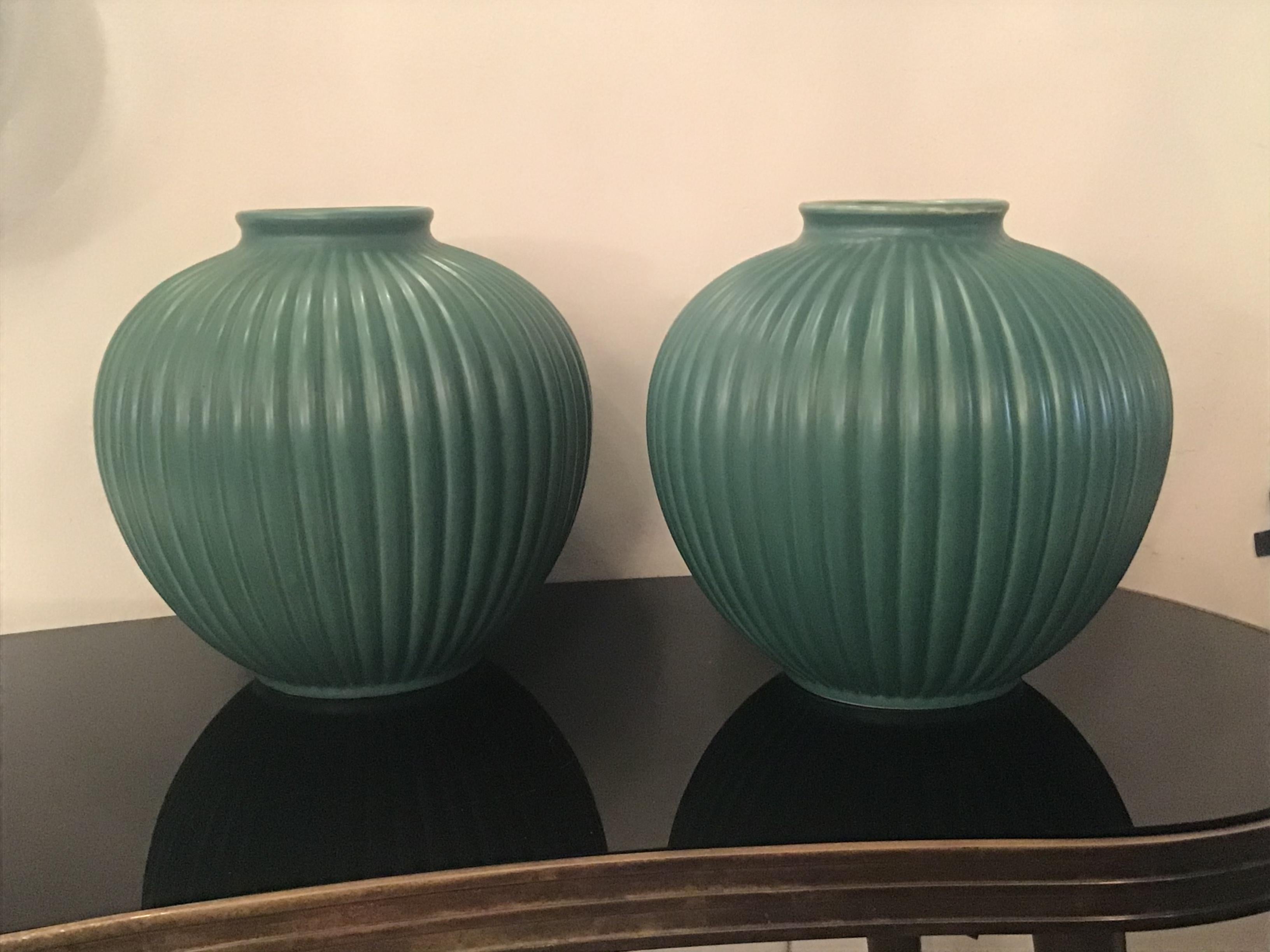 Richard Ginori Giovanni Gariboldi Pair of Vases Green Ceramic 1950 Italy For Sale 12