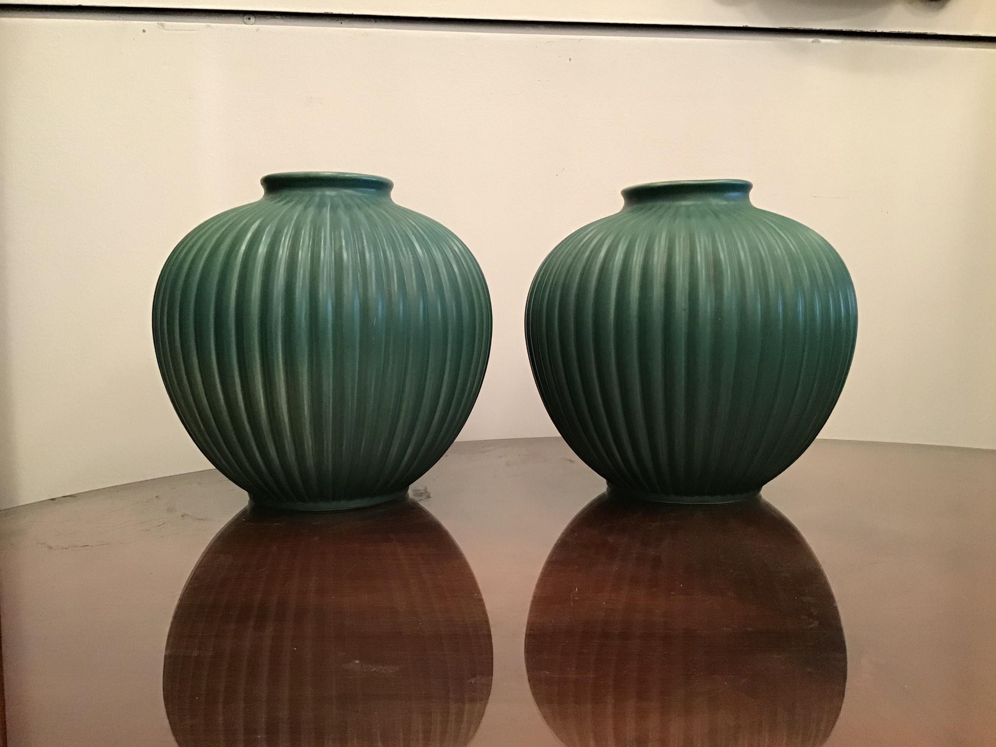 Italian Richard Ginori Giovanni Gariboldi Couple Vase Green Ceramic 1950 Italy