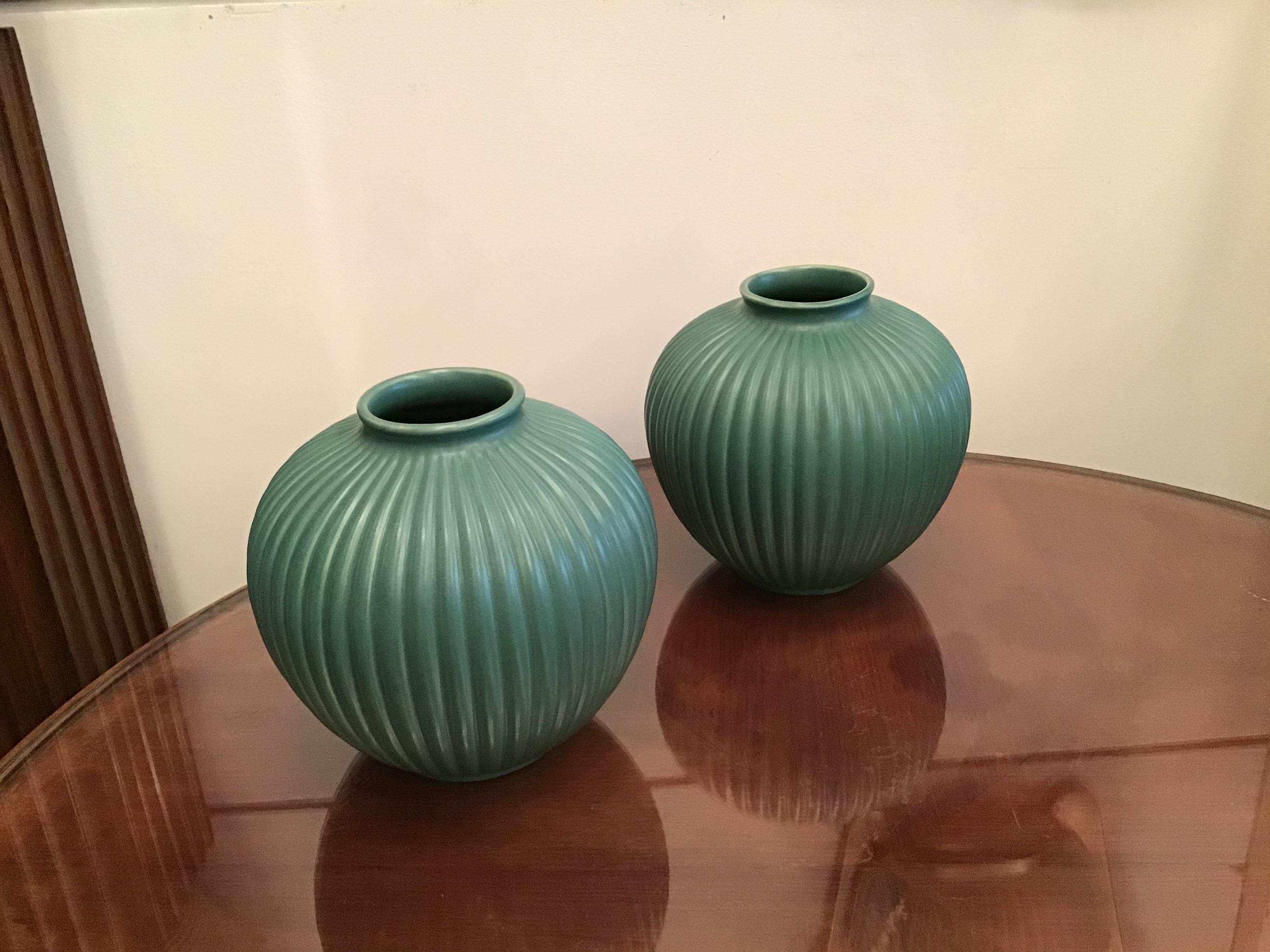Mid-20th Century Richard Ginori Giovanni Gariboldi Couple Vase Green Ceramic 1950 Italy