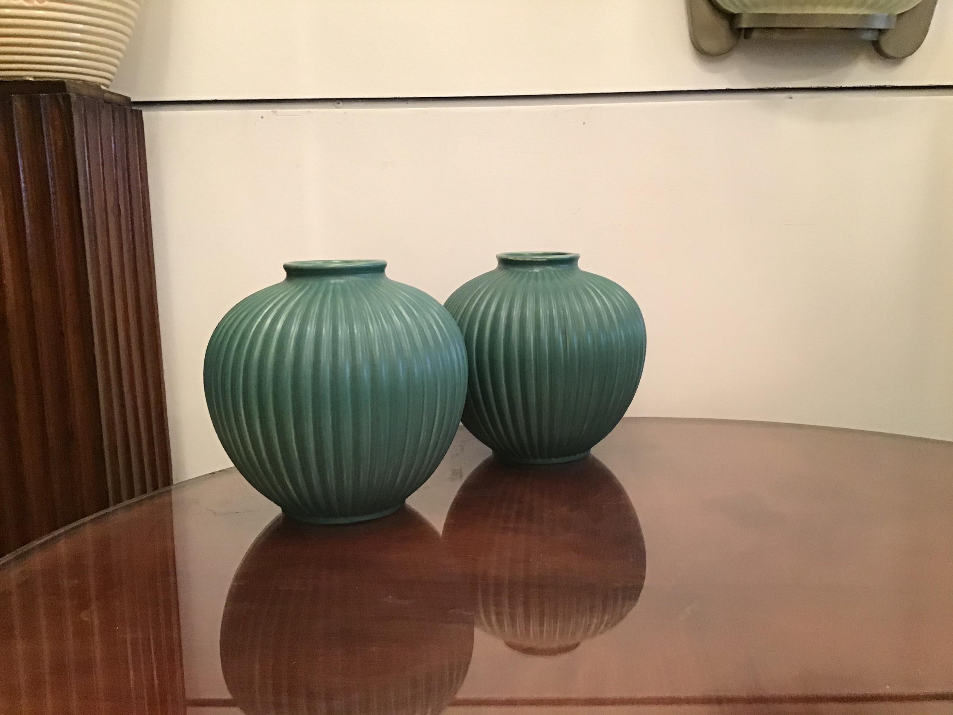 Richard Ginori Giovanni Gariboldi Couple Vase Green Ceramic 1950 Italy 3