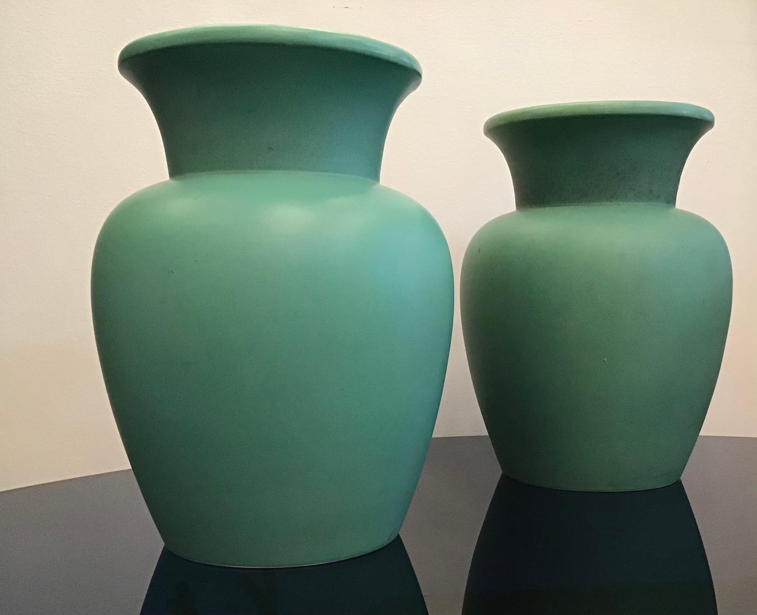 Italian Richard Ginori Giovanni Gariboldi Couple Vases Green Ceramic, 1950, Italy For Sale