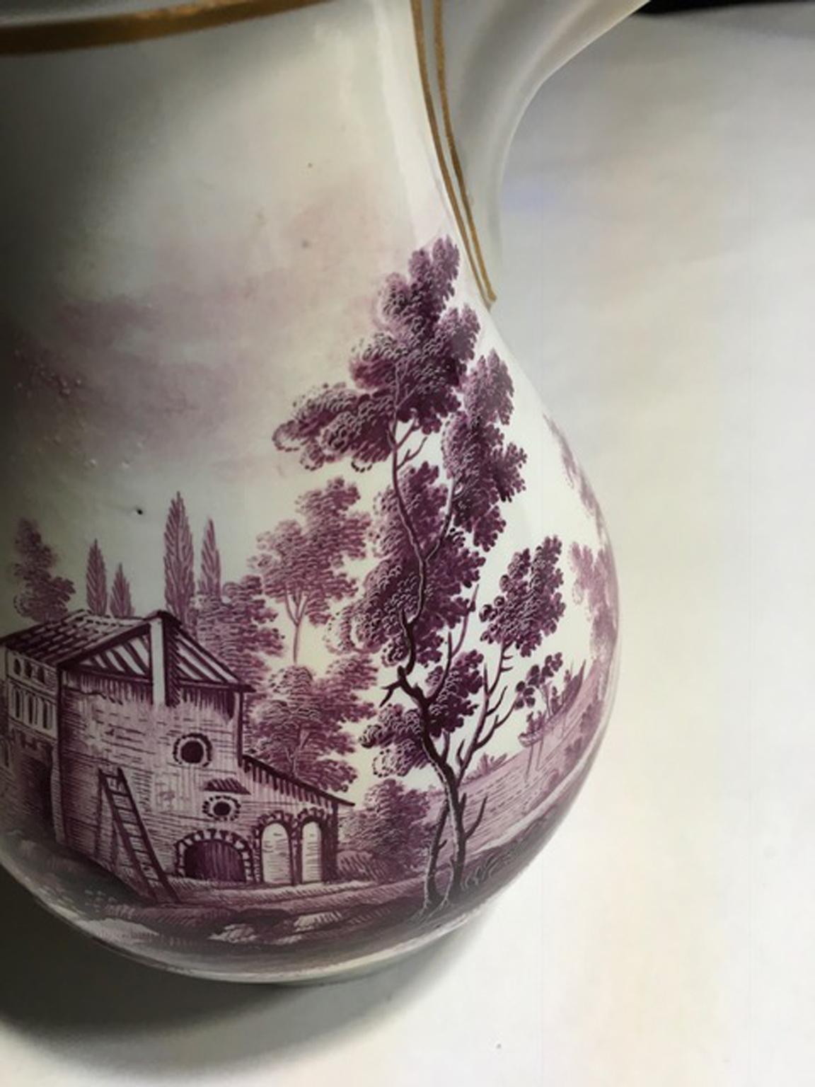 Italy Richard Ginori Mid-18th Century Porcelain Coffee Pot Landscapes in Purple For Sale 12