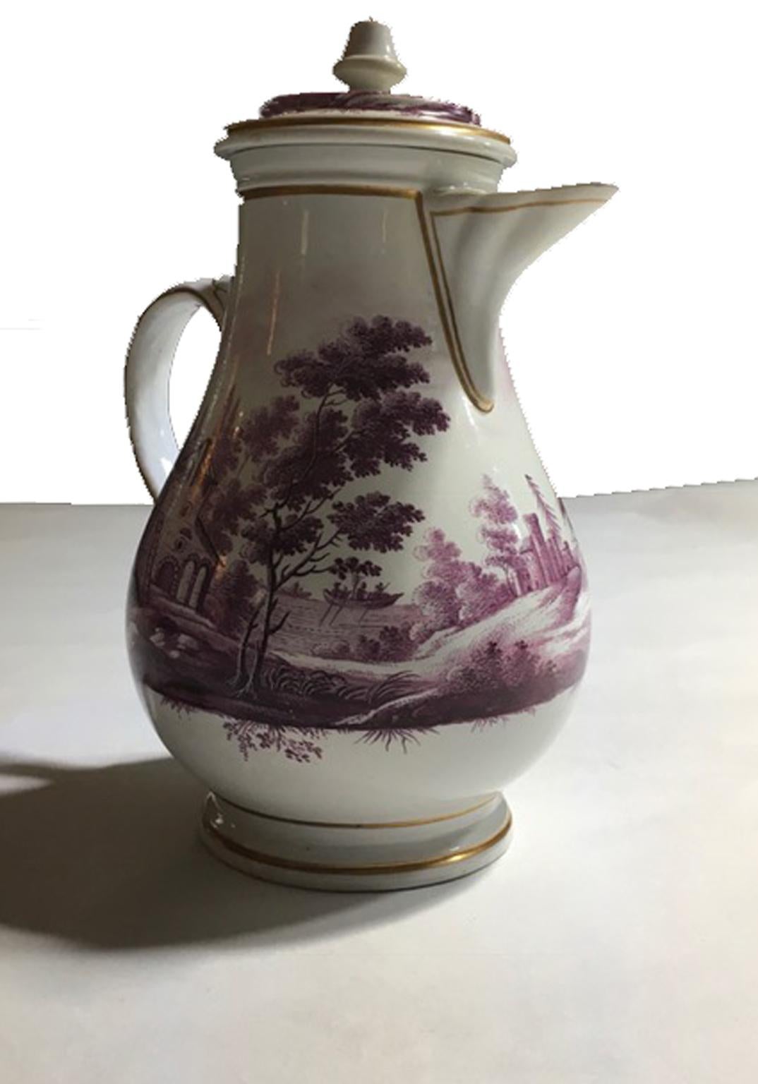 Baroque Italy Richard Ginori Mid-18th Century Porcelain Coffee Pot Landscapes in Purple For Sale