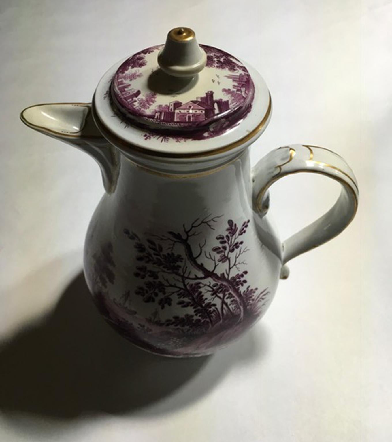 Italy Richard Ginori Mid-18th Century Porcelain Coffee Pot Landscapes in Purple For Sale 1