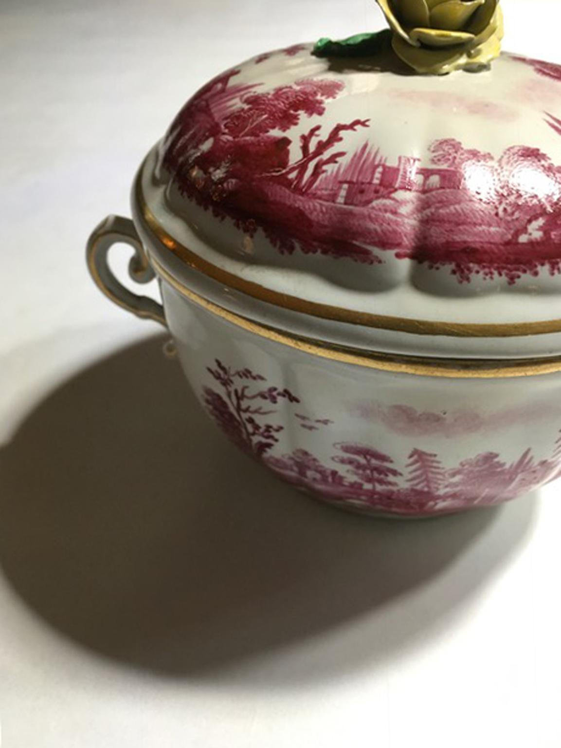Italy Richard Ginori Mid-18th Century Pink Porcelain Covered Cup with Landscapes For Sale 6