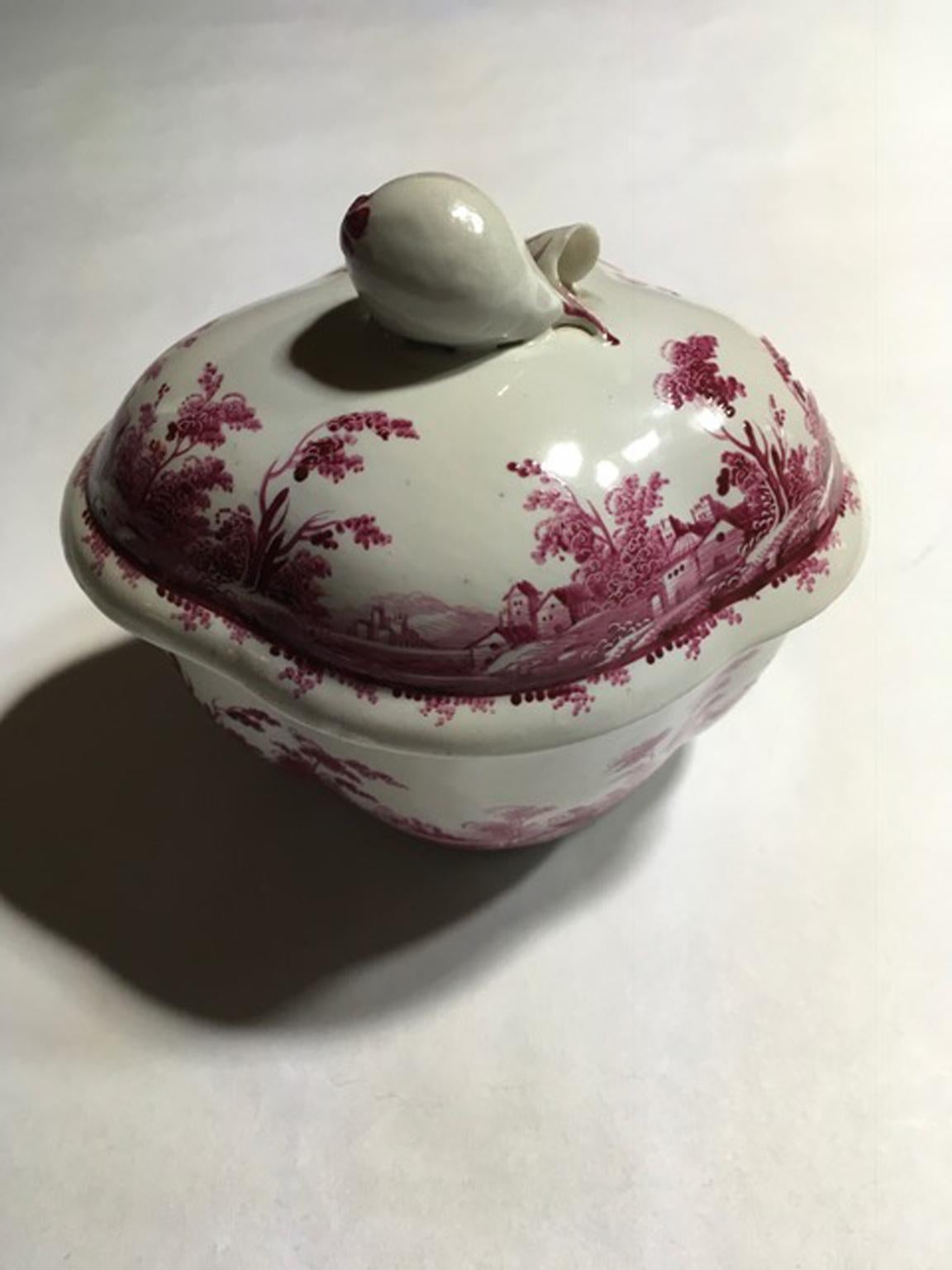 Italy Richard Ginori Mid-18th Century Porcelain Sugar Bowl Pink Landscapes For Sale 10