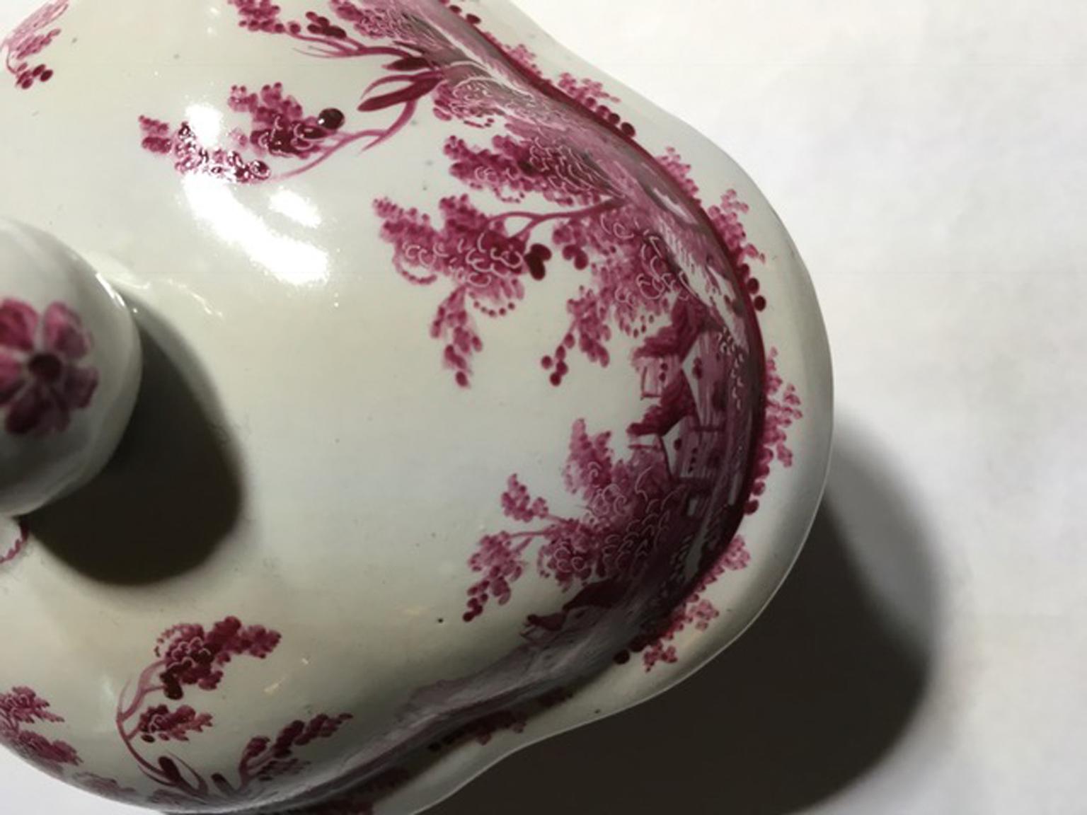 Hand-Crafted Italy Richard Ginori Mid-18th Century Porcelain Sugar Bowl Pink Landscapes For Sale
