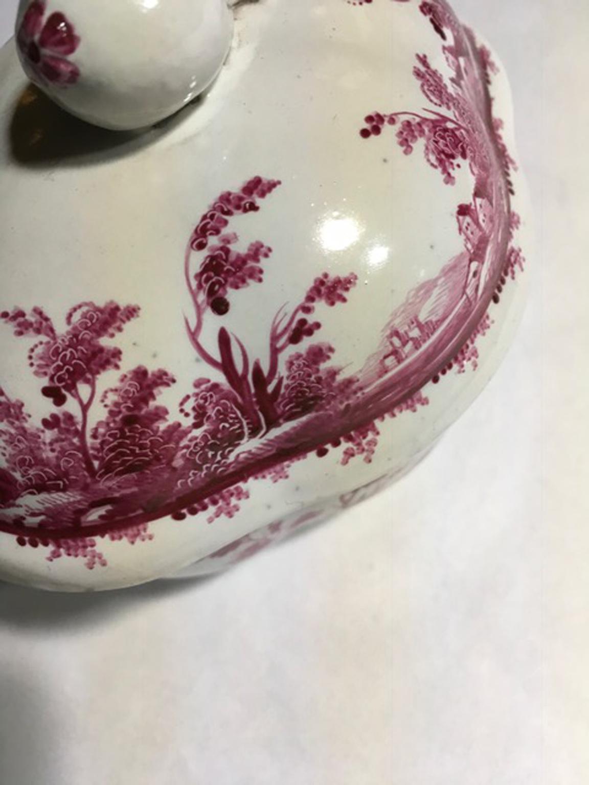Italy Richard Ginori Mid-18th Century Porcelain Sugar Bowl Pink Landscapes In Good Condition For Sale In Brescia, IT
