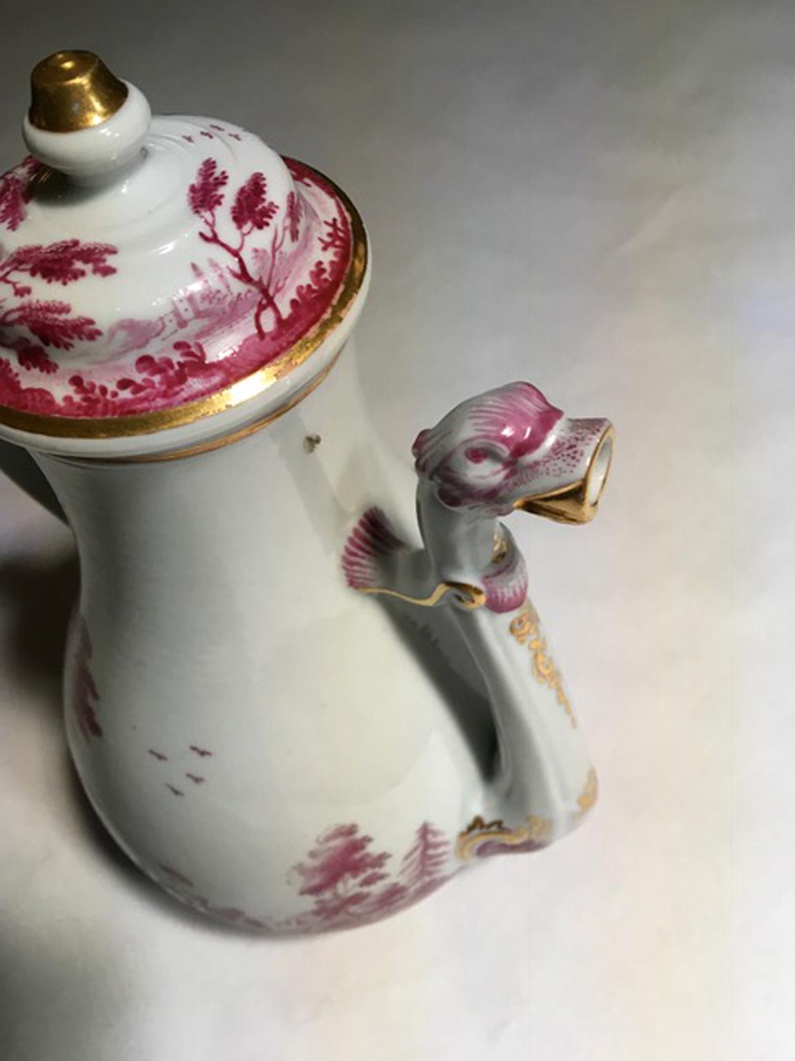 Italy Richard Ginori Mid-19th Century Porcelain Tea Pot Pink Landscape For Sale 3