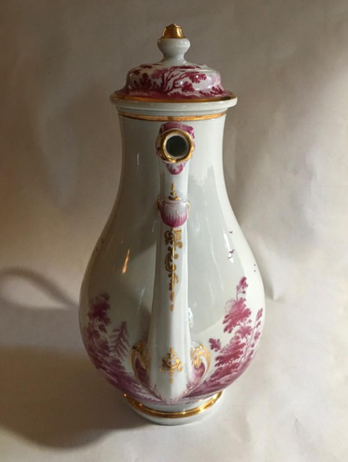 Baroque Italy Richard Ginori Mid-19th Century Porcelain Tea Pot Pink Landscape For Sale