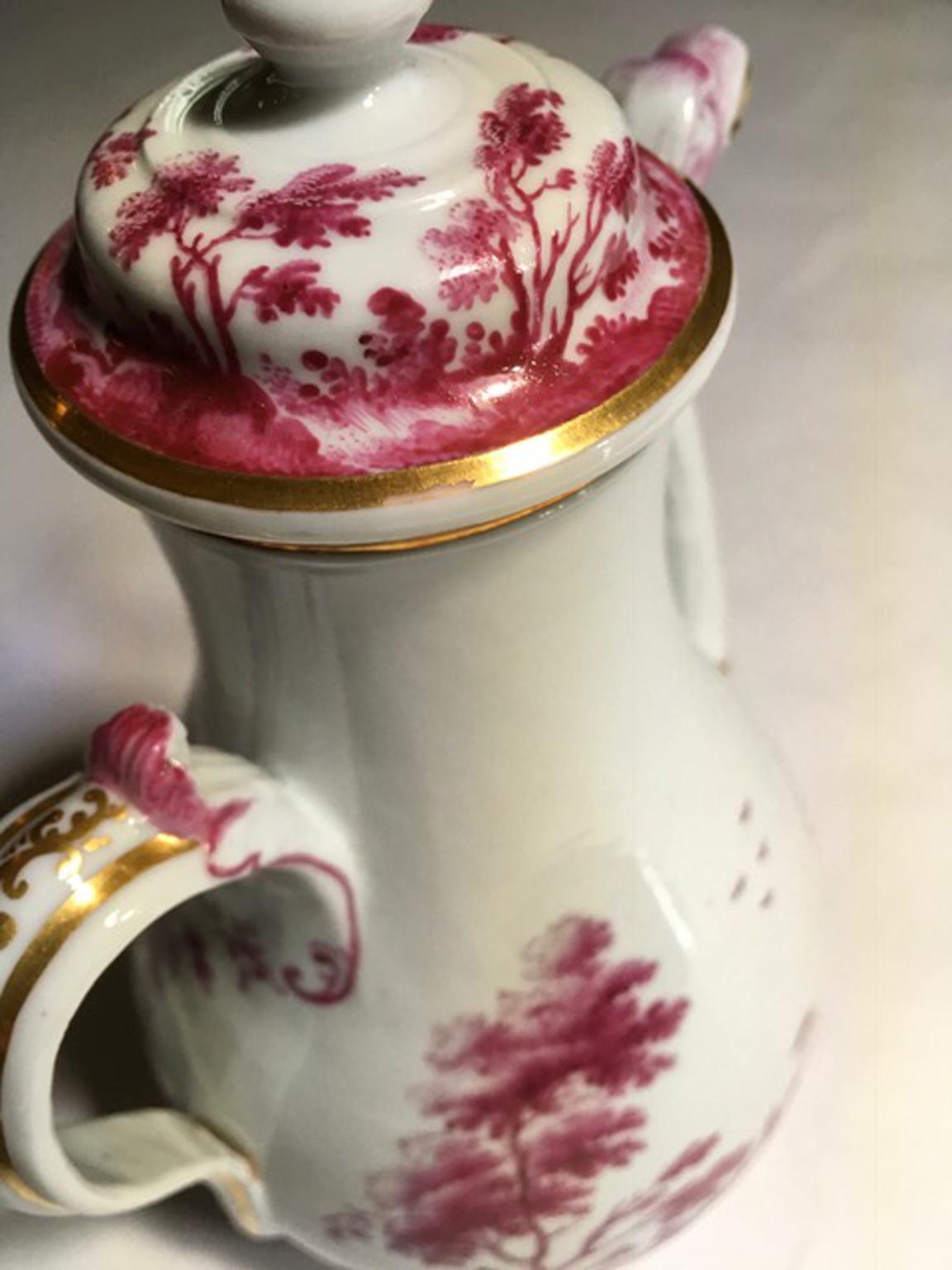 Italian Italy Richard Ginori Mid-19th Century Porcelain Tea Pot Pink Landscape For Sale