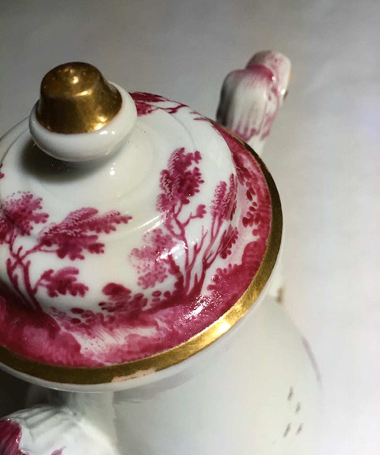 Italy Richard Ginori Mid-19th Century Porcelain Tea Pot Pink Landscape For Sale 1