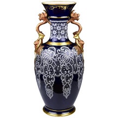 Richard Ginori Porcelain Vase with Delicate Raised Lace Pattern on Cobalt Glaze