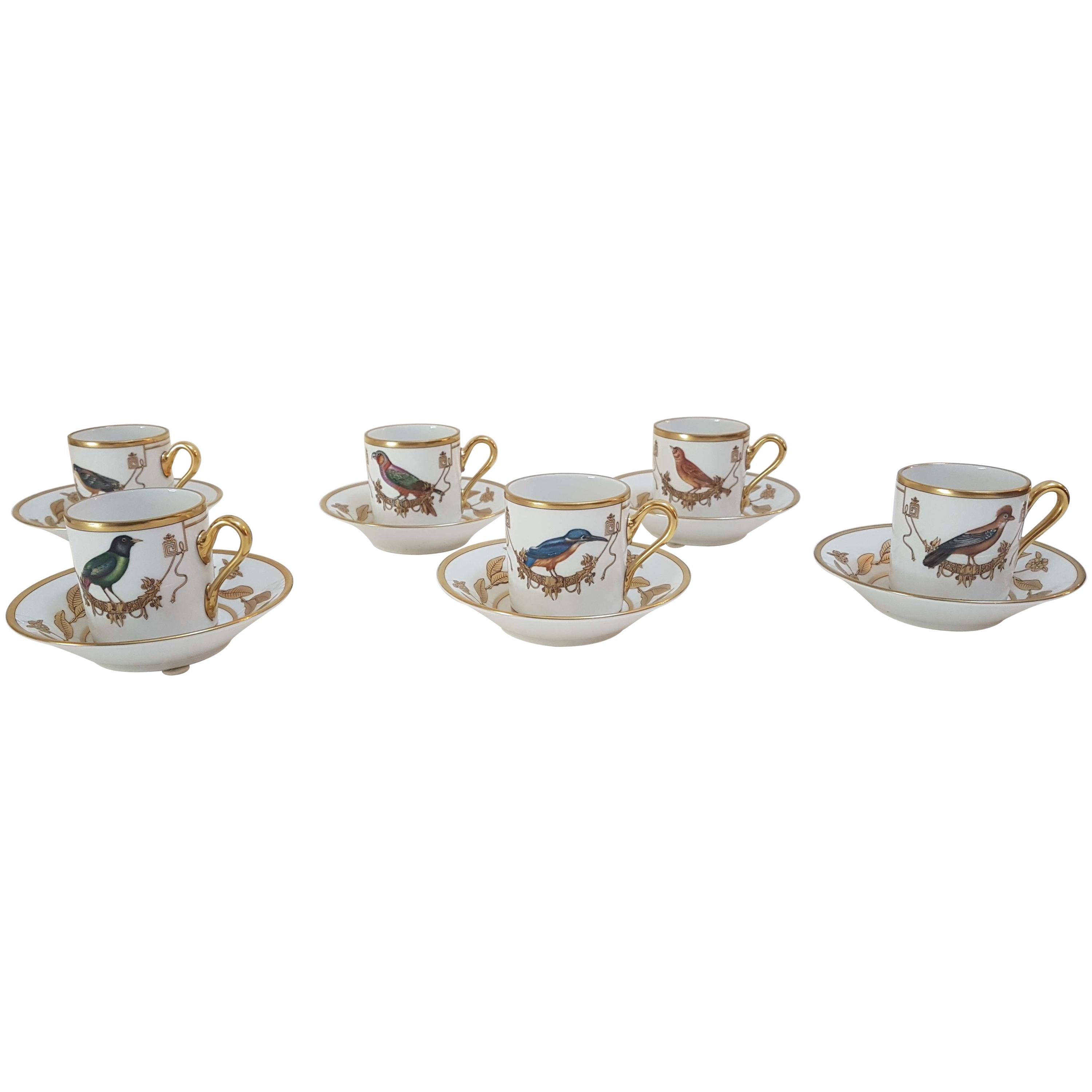 Richard Ginori Porcelain "Voliere" Set of Six Coffee Cups, Italy, 2018