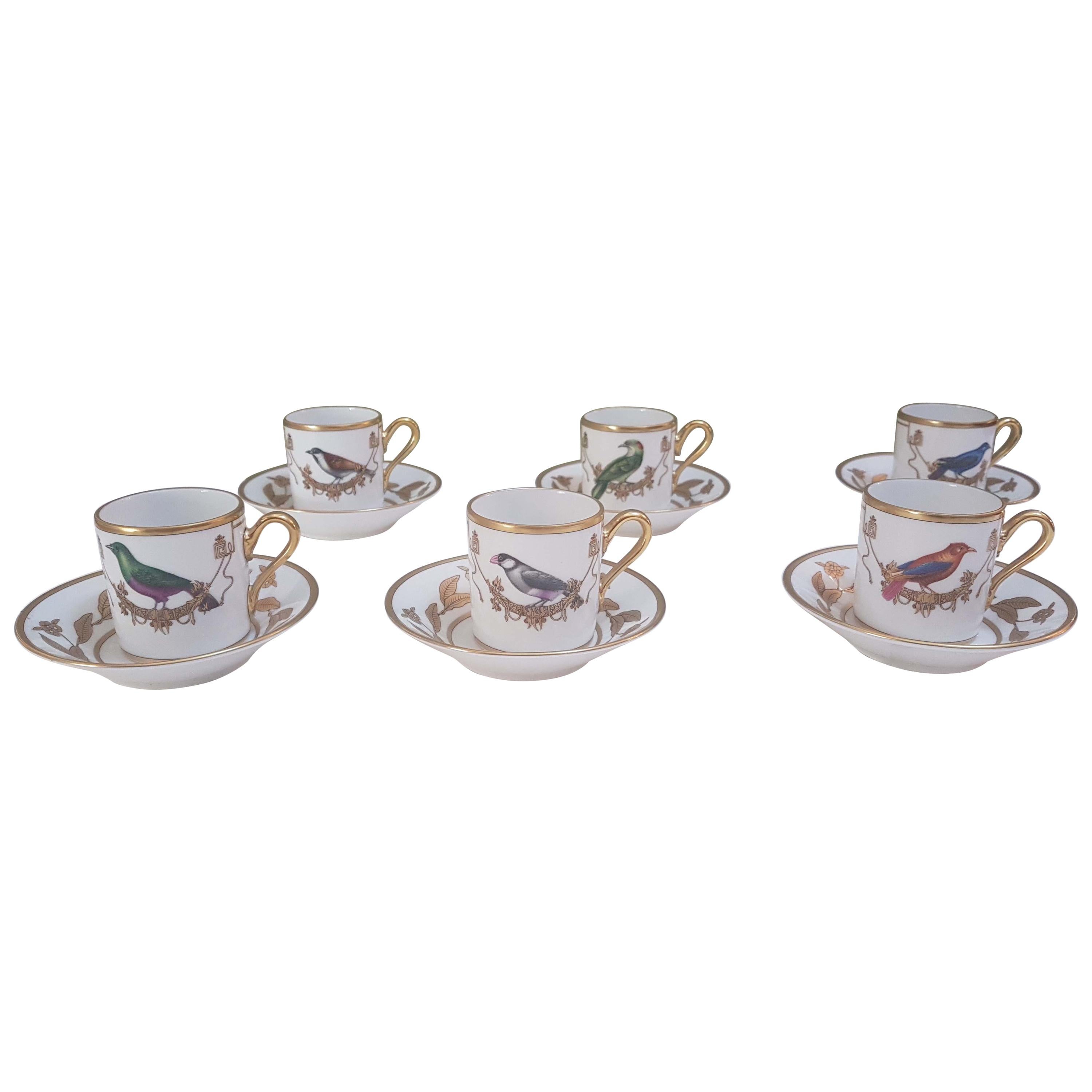 Richard Ginori Porcelain "Voliere" Set of Six Coffee Cups, Italy, 2018