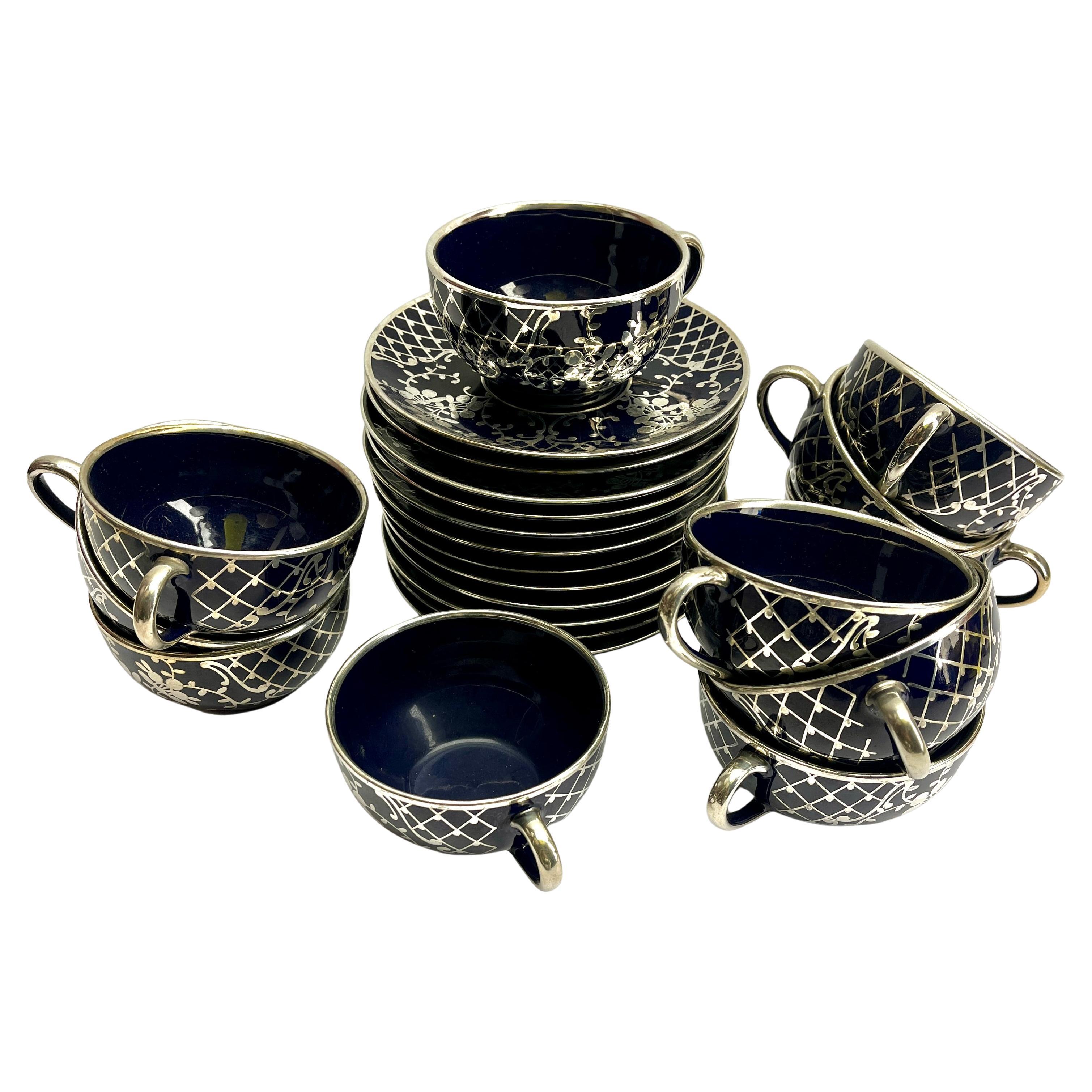 Richard Ginori Silber Overlay Kobalt Porzellan Tee/Kaffee Set 15 Stück im Angebot 5