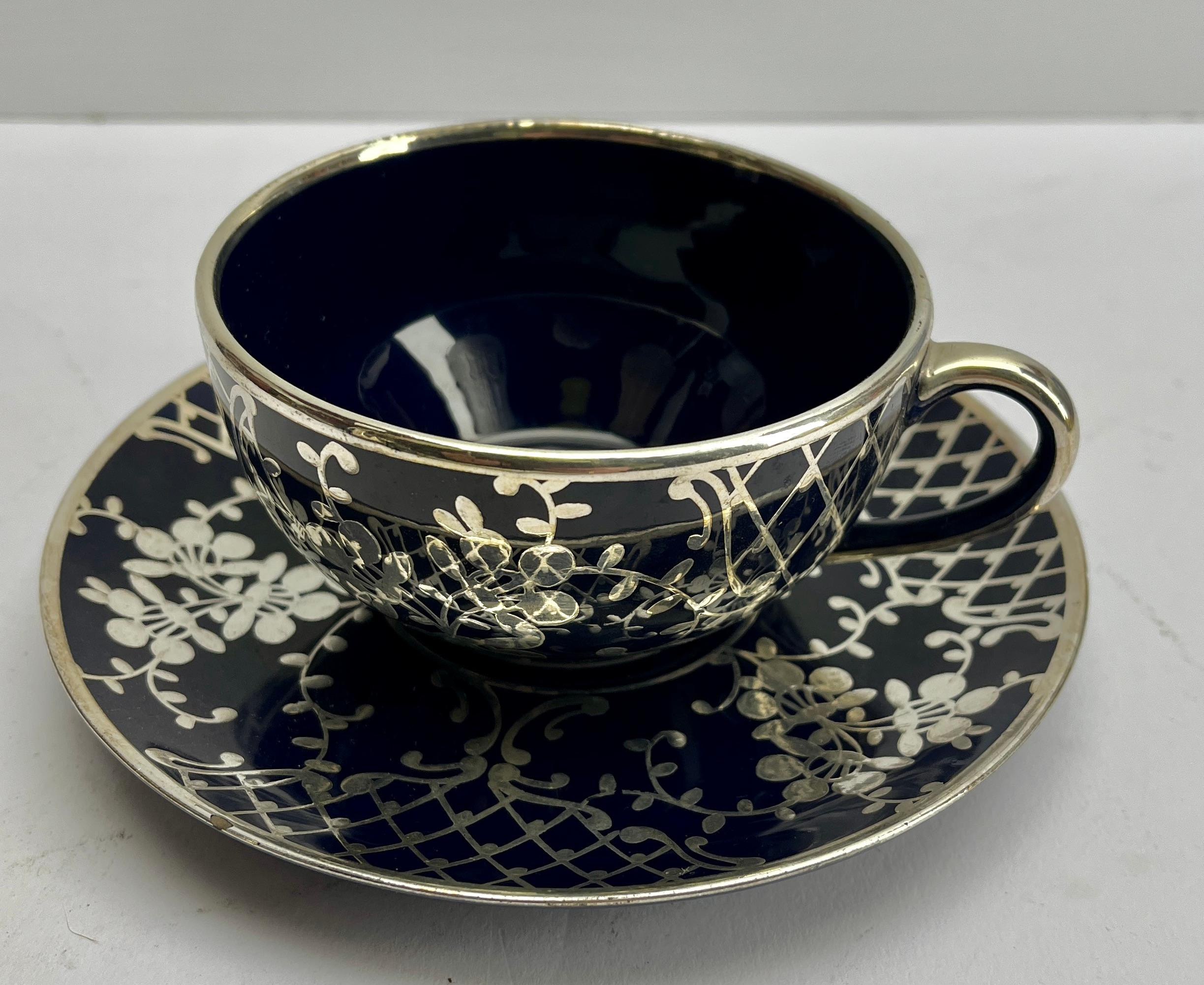 Richard Ginori Silber Overlay Kobalt Porzellan Tee/Kaffee Set 15 Stück im Angebot 8