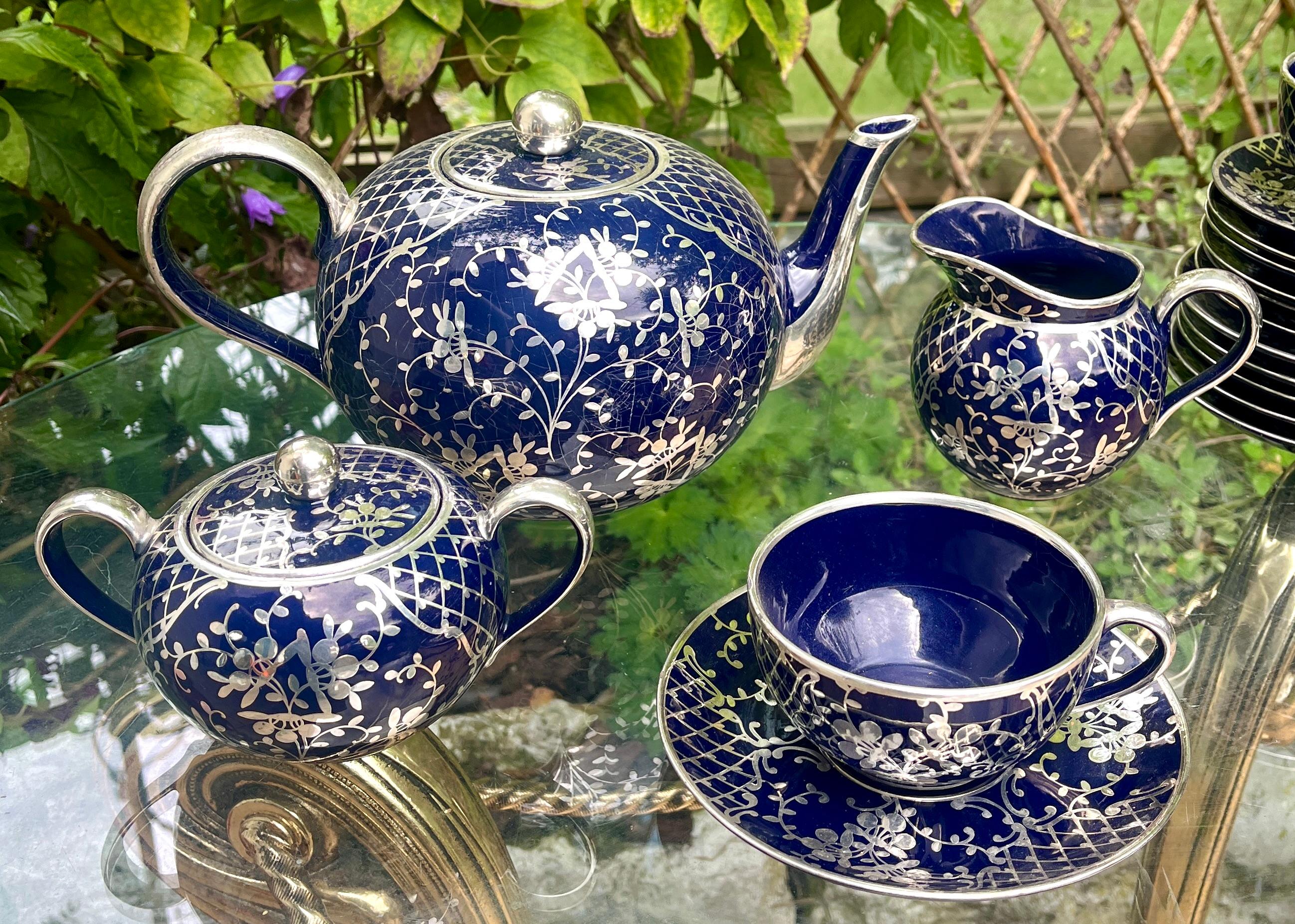 Richard Ginori Silber Overlay Kobalt Porzellan Tee/Kaffee Set 15 Stück (Italienisch) im Angebot