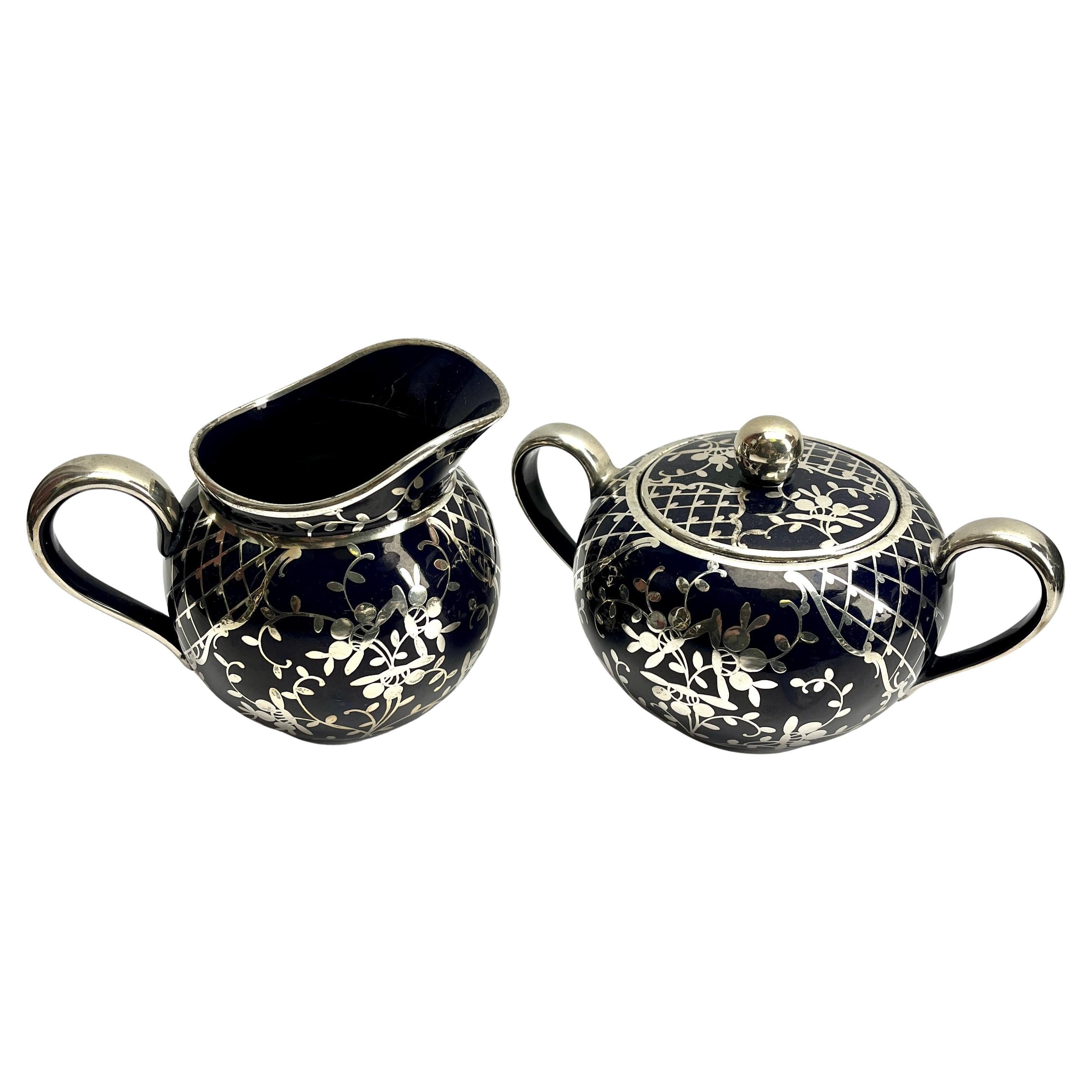 Richard Ginori Silber Overlay Kobalt Porzellan Tee/Kaffee Set 15 Stück im Angebot 1