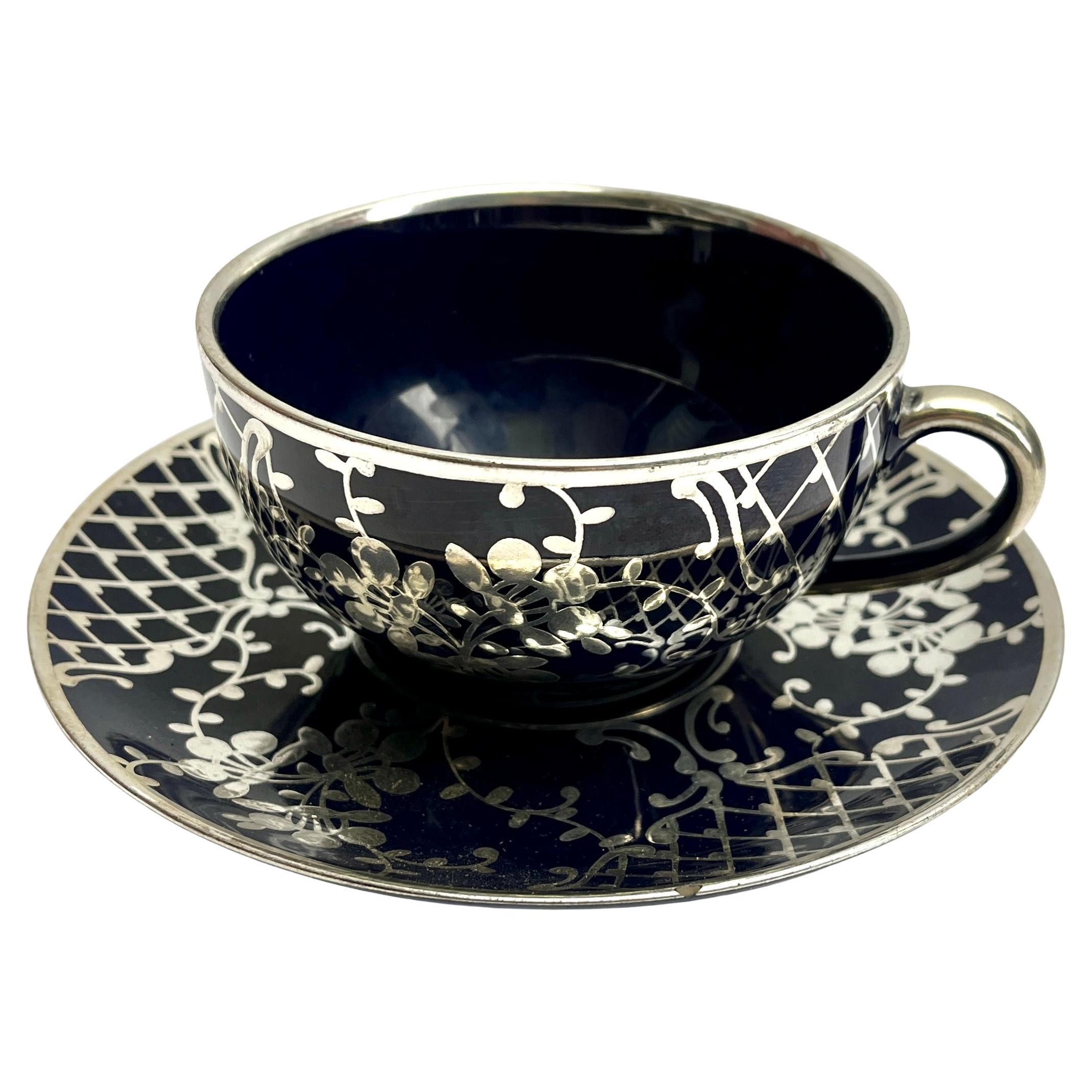 Richard Ginori Silber Overlay Kobalt Porzellan Tee/Kaffee Set 15 Stück im Angebot 2