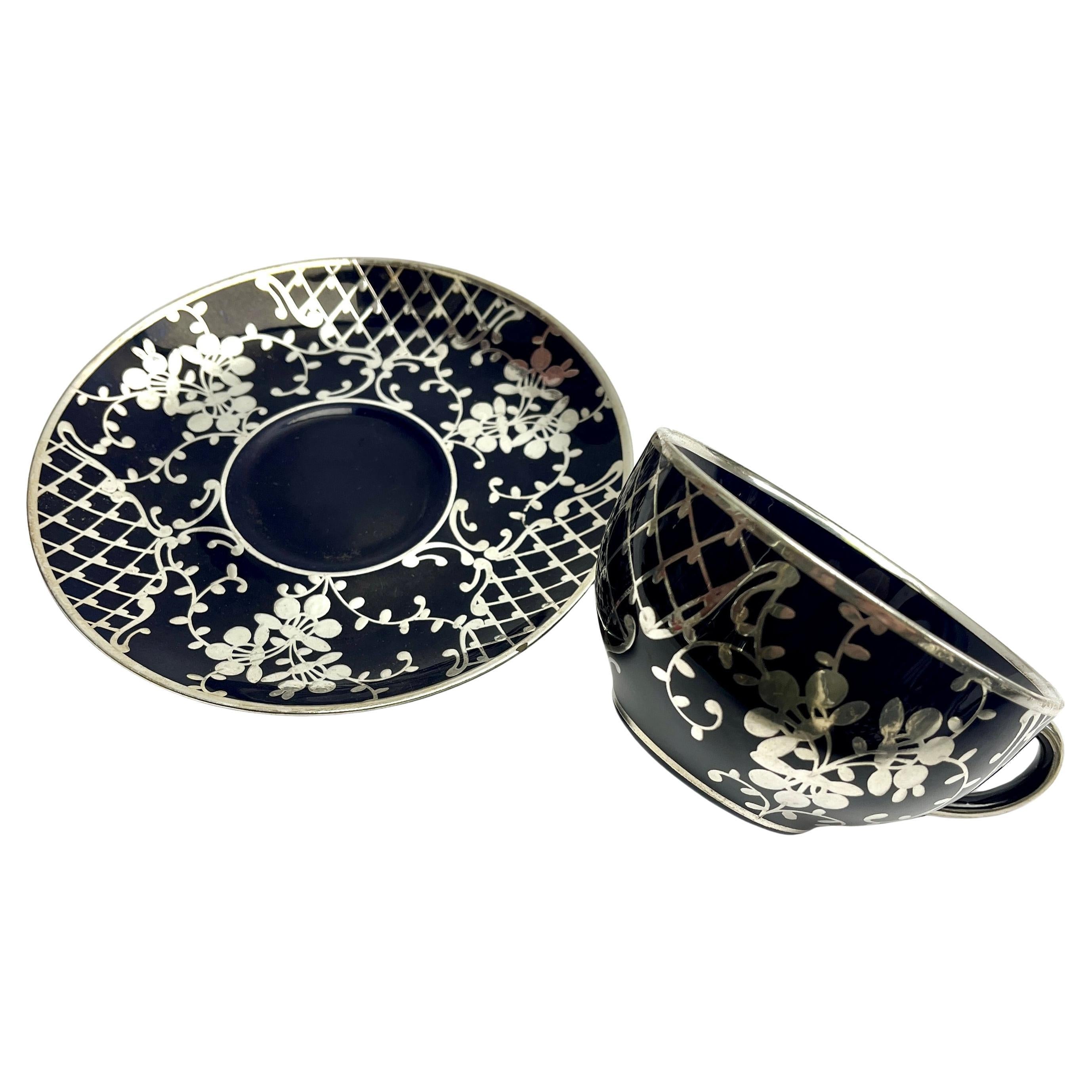 Richard Ginori Silber Overlay Kobalt Porzellan Tee/Kaffee Set 15 Stück im Angebot 3