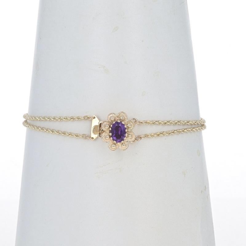 Brand: Richard Glatter

Metal Content: 14k Yellow Gold

Stone Information

Natural Amethyst
Carat(s): 1.25ct
Cut: Oval
Color: Purple

Total Carats: 1.25ct

Style: Starter Slide Charm Bracelet
Chain Style: Rope
Bracelet Style: Chain Starter Slide