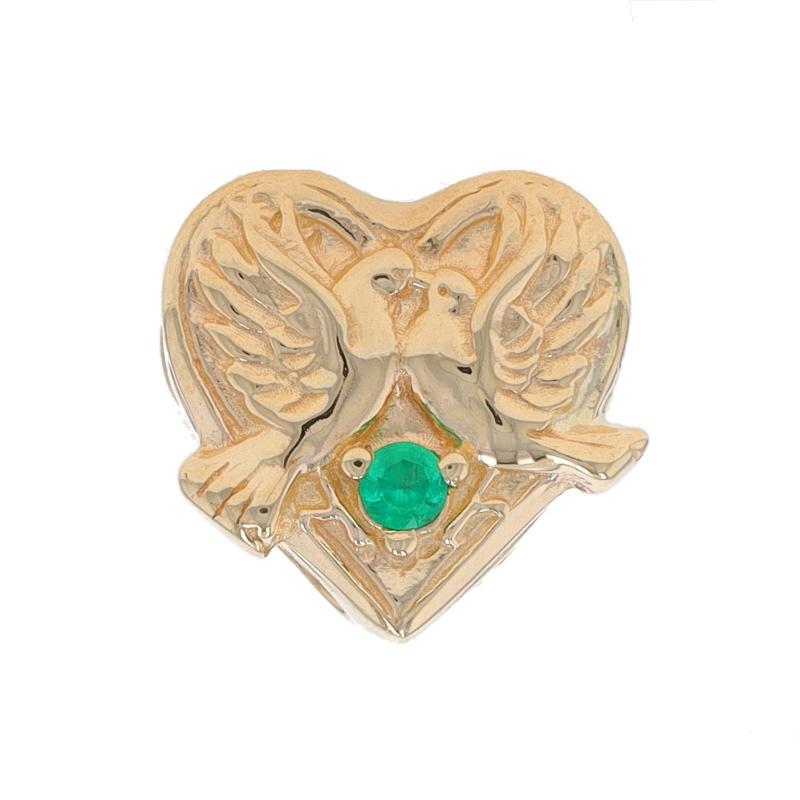 Brand: Richard Glatter

Metal Content: 14k Yellow Gold

Stone Information
Natural Emerald
Treatment: Oiling
Carat(s): .04ct
Cut: Round
Color: Green

Style: Slide
Theme: Love Birds Heart

Measurements
Tall: 7/16