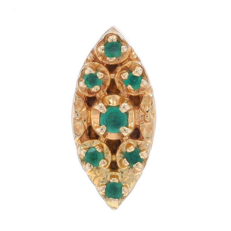 Brand: Richard Glatter
Era: Vintage

Metal Content: 14k Yellow Gold

Stone Information

Natural Emeralds
Treatment: Oiling
Carat(s): .27ctw
Cut: Round
Color: Green

Total Carats: .27ctw

Style: Slide Charm

Measurements

Tall: 3/4